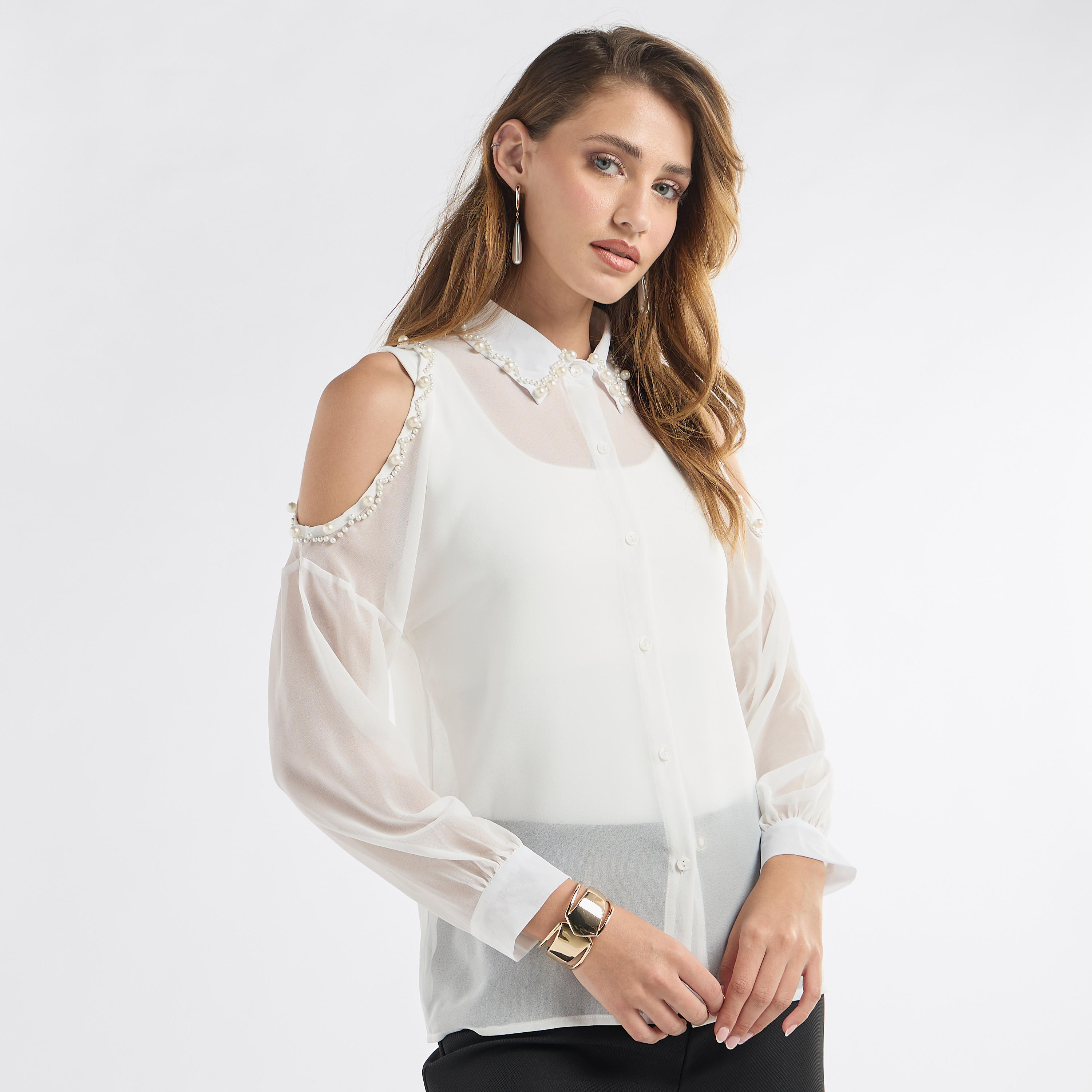 Slim Fit Pearl Embellished Shirt with Cold Shoulder-women-clothing-shirtsandblouses-shirts-image-5