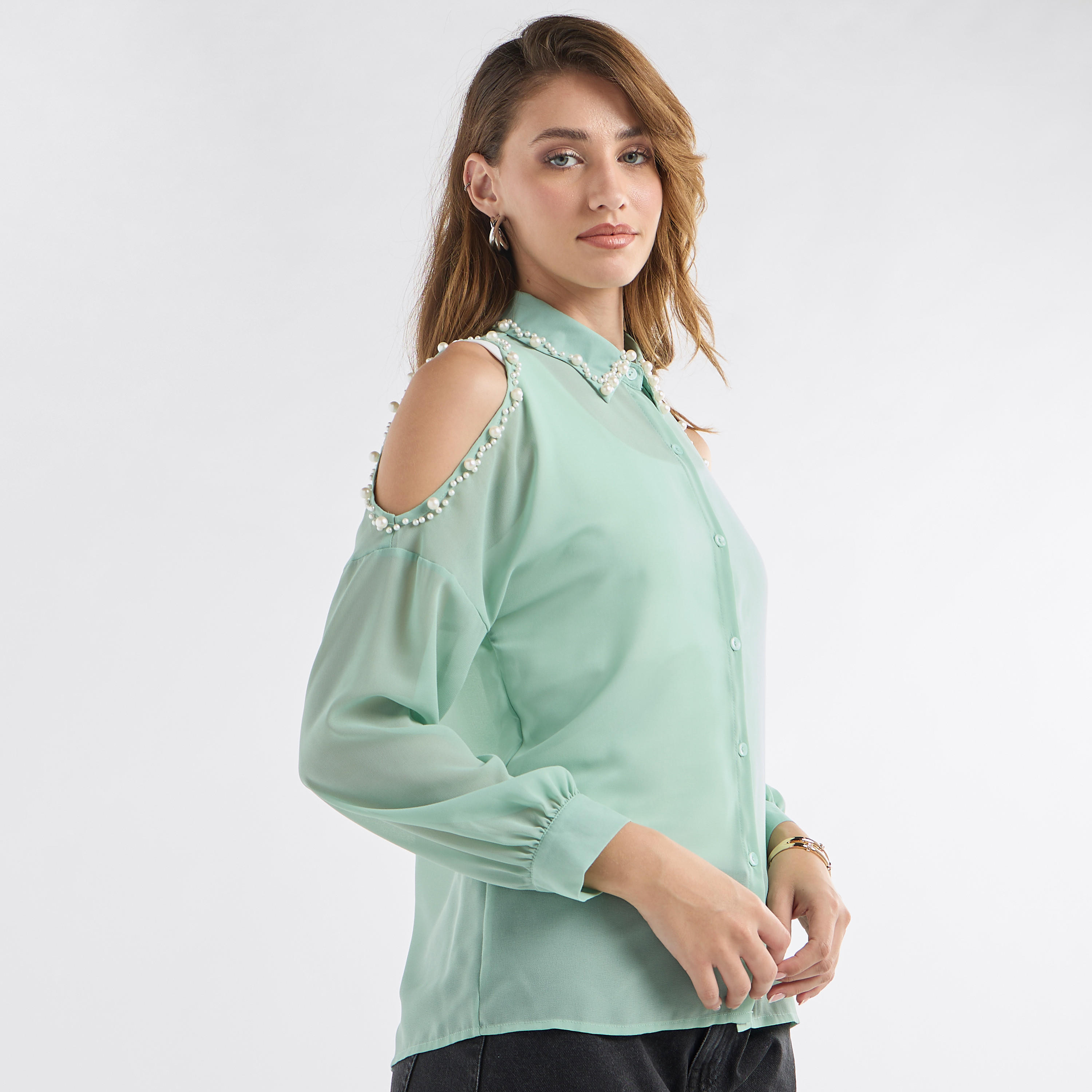 Slim Fit Pearl Embellished Shirt with Cold Shoulder-women-clothing-shirtsandblouses-shirts-image-1