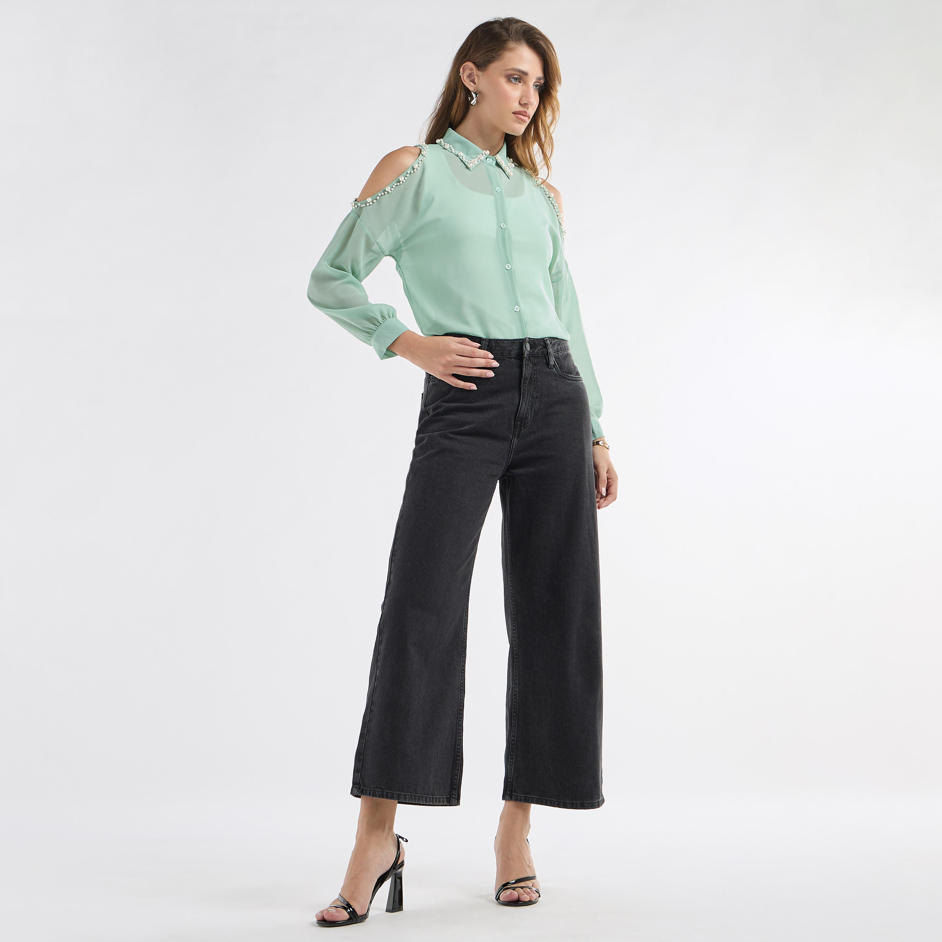 Slim Fit Pearl Embellished Shirt with Cold Shoulder-women-clothing-shirtsandblouses-shirts-image-2