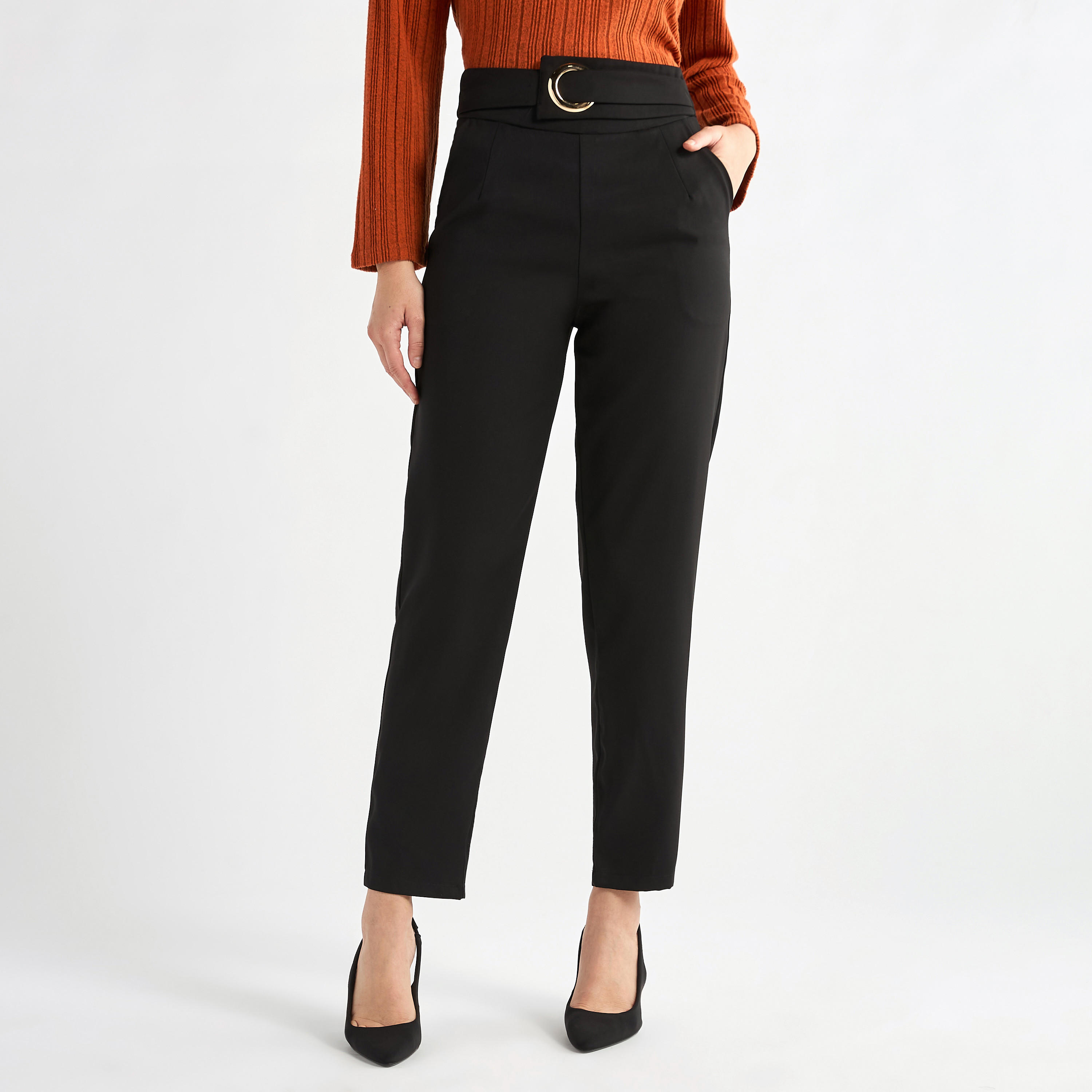 بنطلون سادة بقصة مستقيمة وجيوب وحزام-women-clothing-bottoms-trousers-image-4