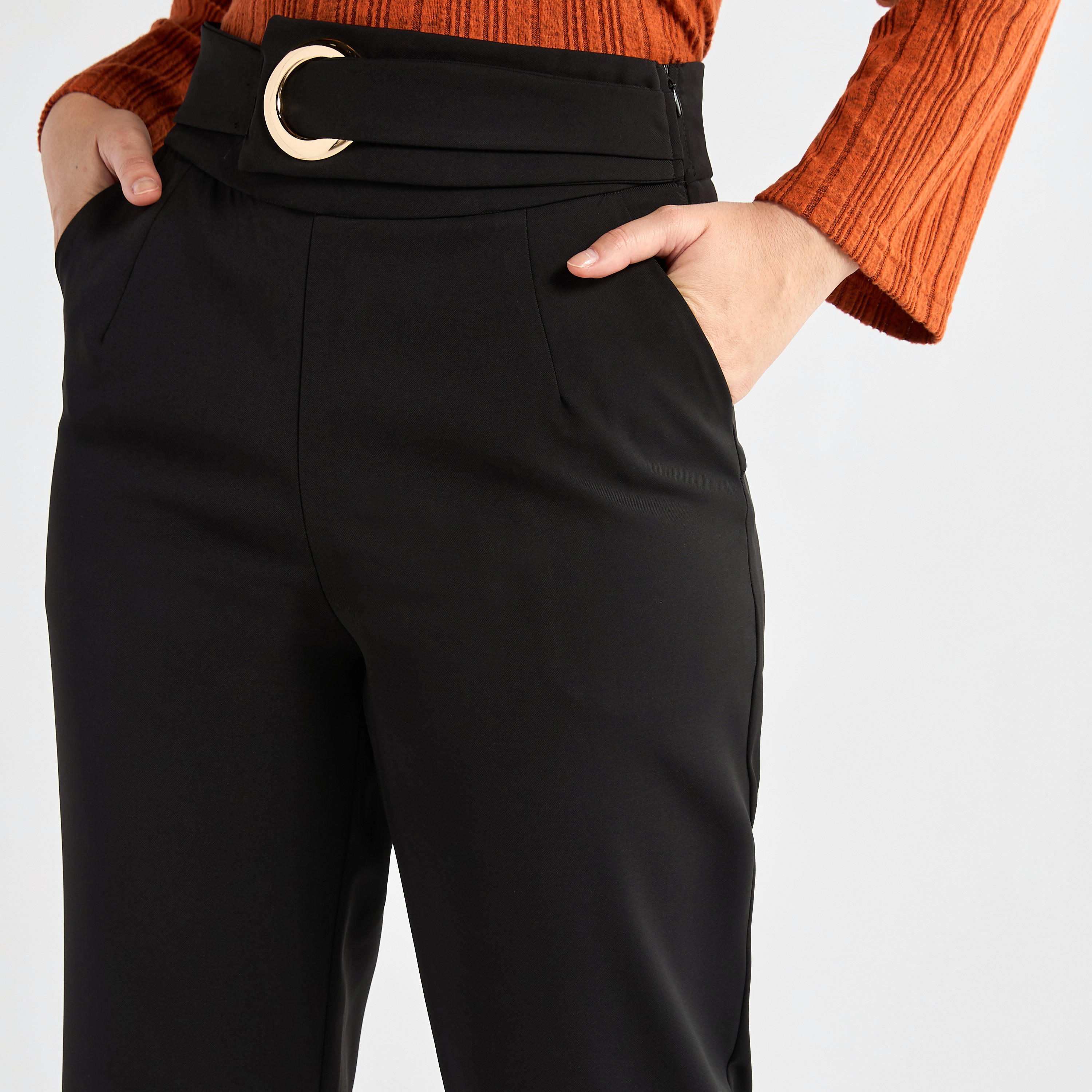 بنطلون سادة بقصة مستقيمة وجيوب وحزام-women-clothing-bottoms-trousers-image-1