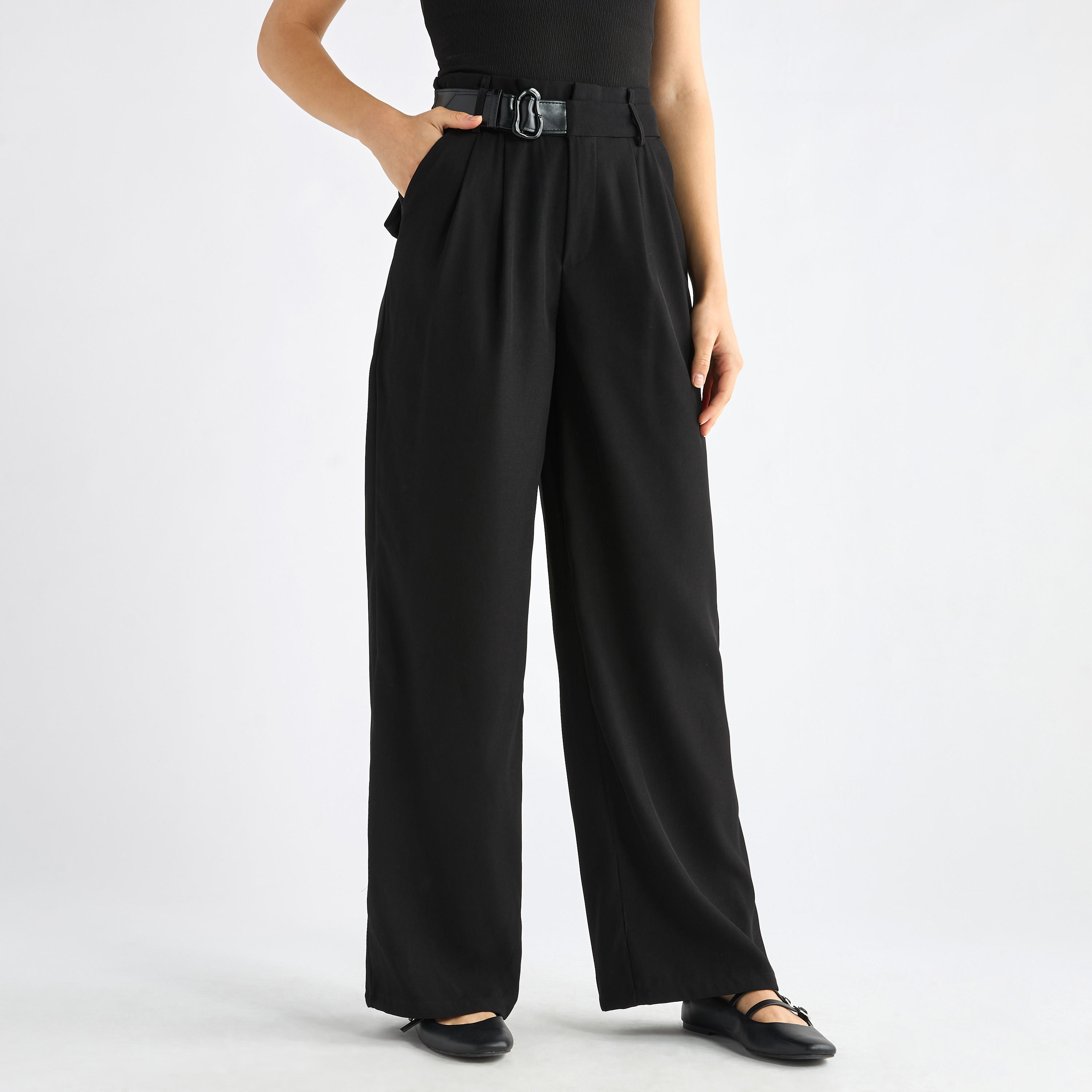 Solid Belted Wide Leg Trousers with Pockets-women-clothing-bottoms-trousers-image-1
