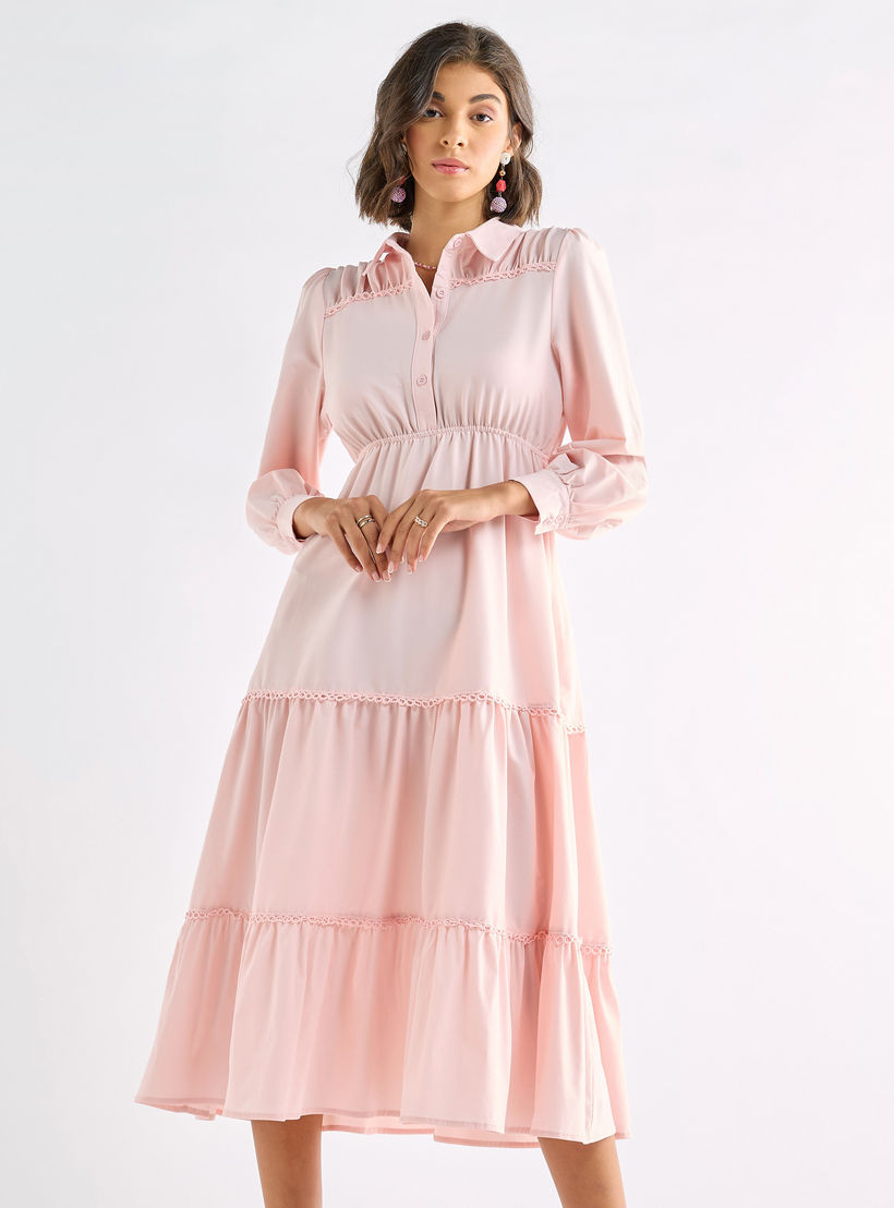 فستان ميدي سادة متعدد الطبقات بياقة عادية وأكمام منفوخة-women-clothing-dresses-image-2
