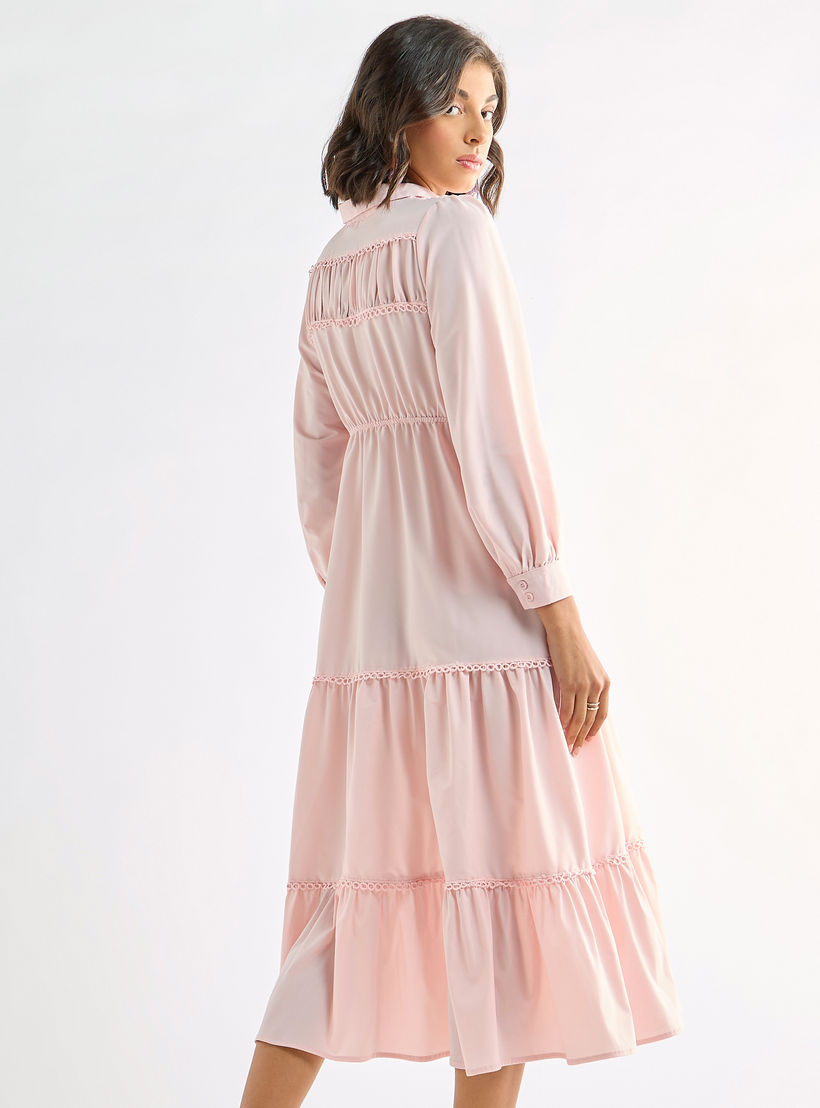 فستان ميدي سادة متعدد الطبقات بياقة عادية وأكمام منفوخة-women-clothing-dresses-image-3