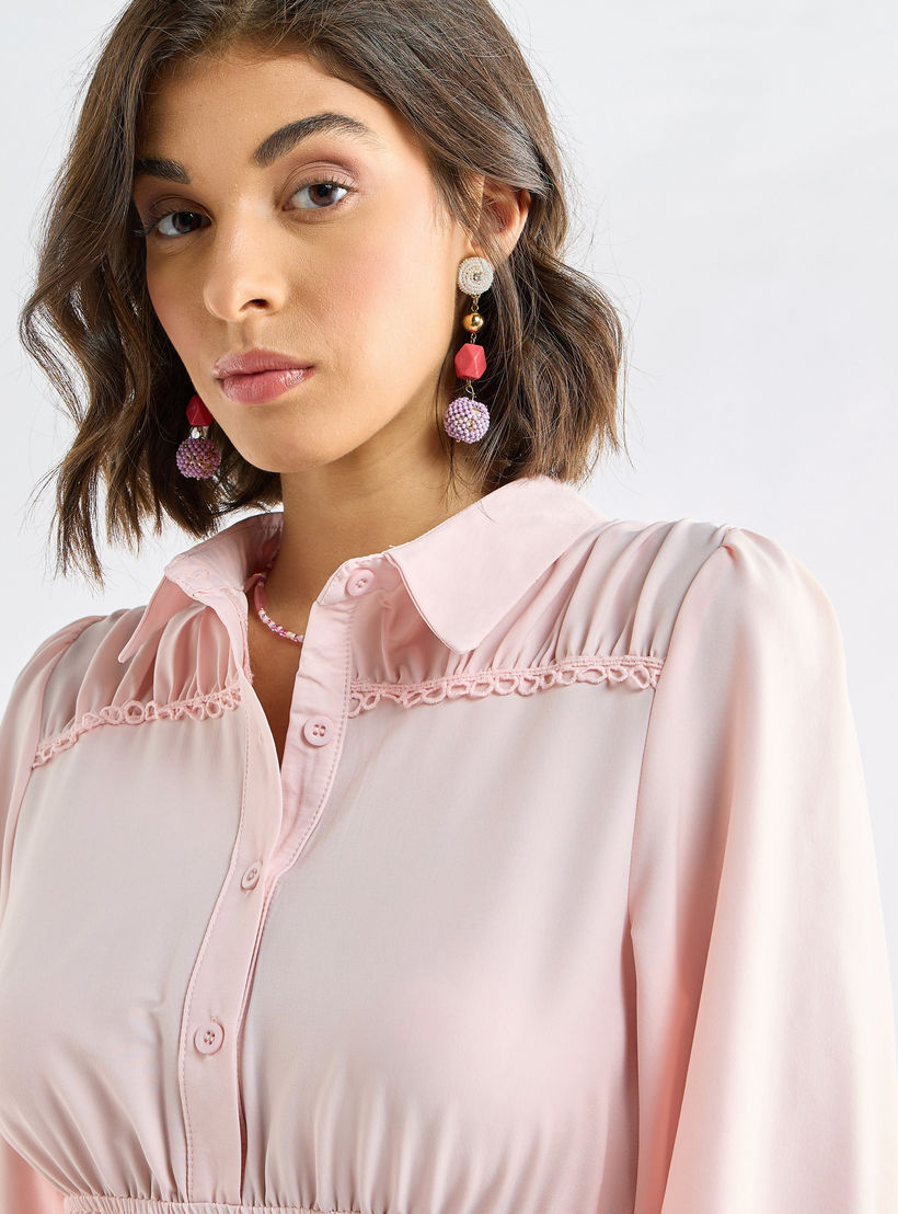 فستان ميدي سادة متعدد الطبقات بياقة عادية وأكمام منفوخة-women-clothing-dresses-image-4