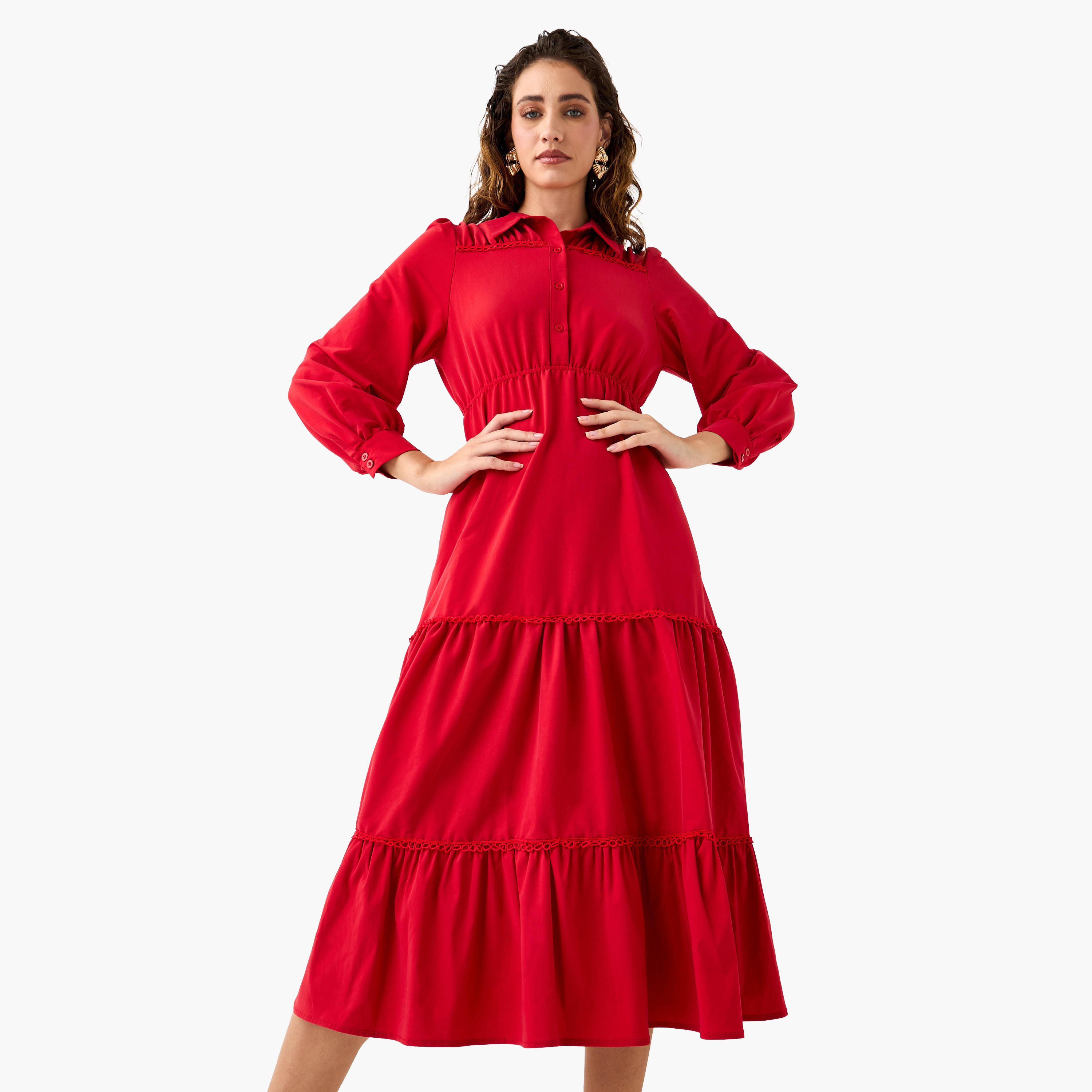 فستان ميدي سادة متعدد الطبقات بياقة عادية وأكمام منفوخة-women-clothing-dresses-image-1