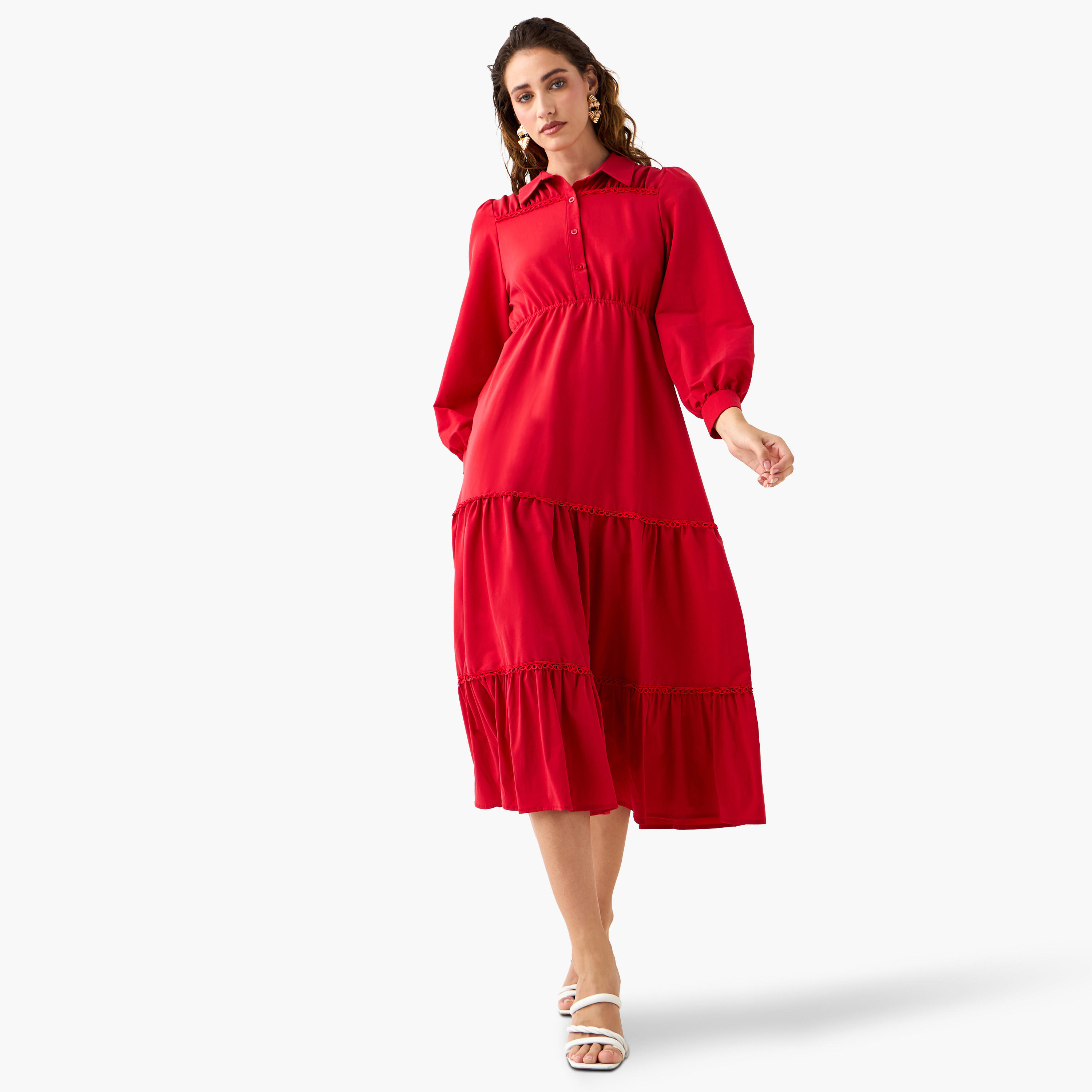 فستان ميدي سادة متعدد الطبقات بياقة عادية وأكمام منفوخة-women-clothing-dresses-image-2
