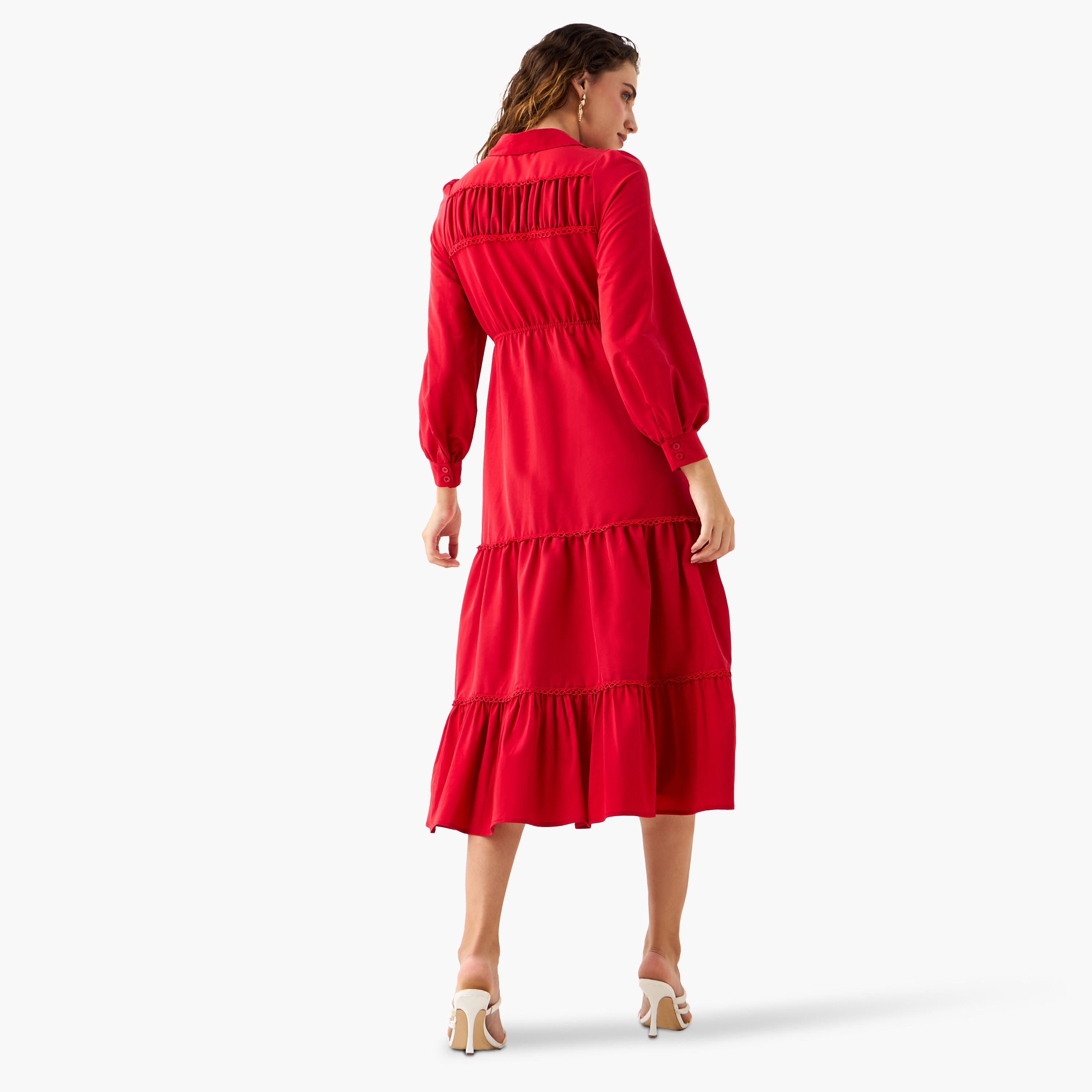 Solid Tiered Midi Dress with Puff Sleeves and Collar-women-clothing-dresses-image-3