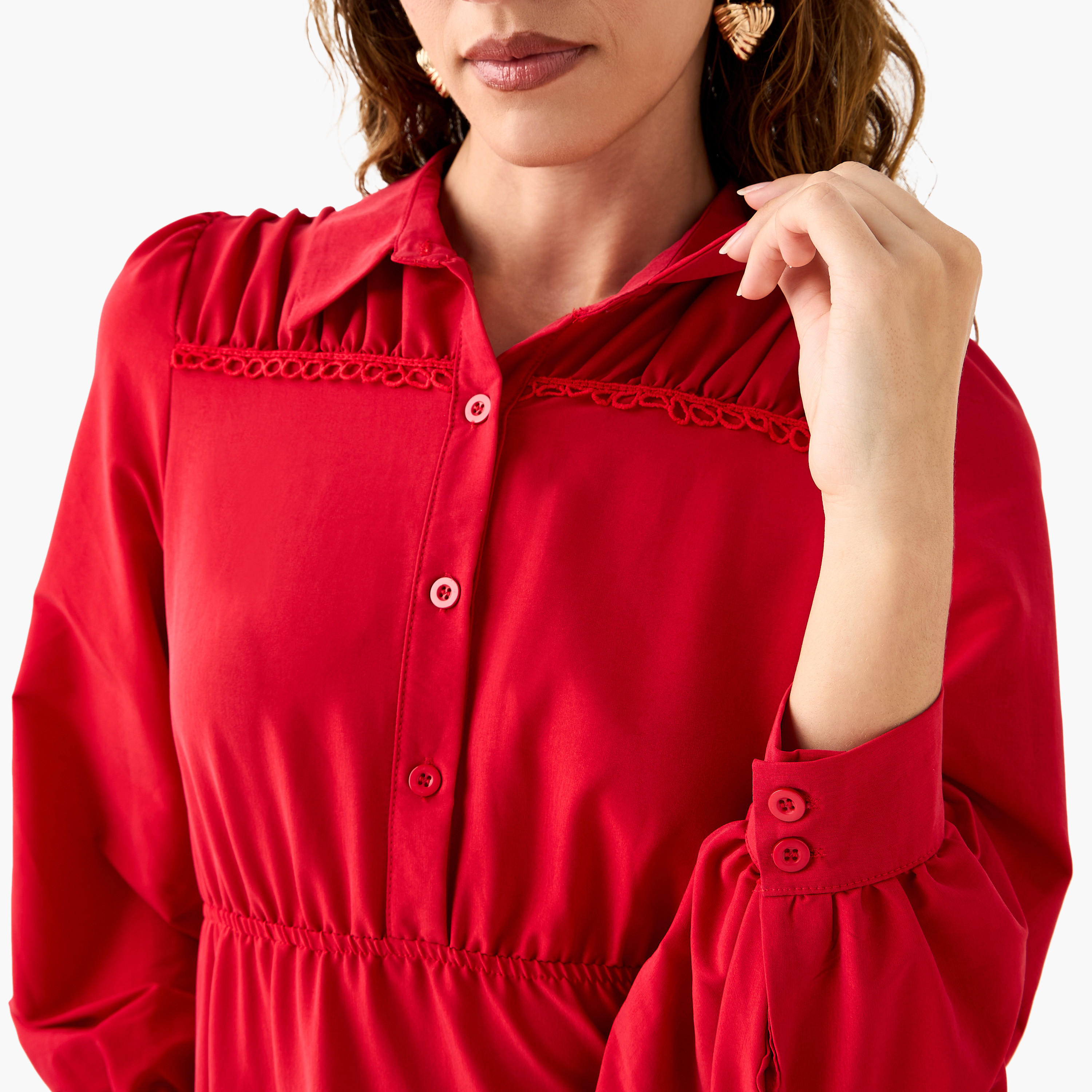 فستان ميدي سادة متعدد الطبقات بياقة عادية وأكمام منفوخة-women-clothing-dresses-image-4