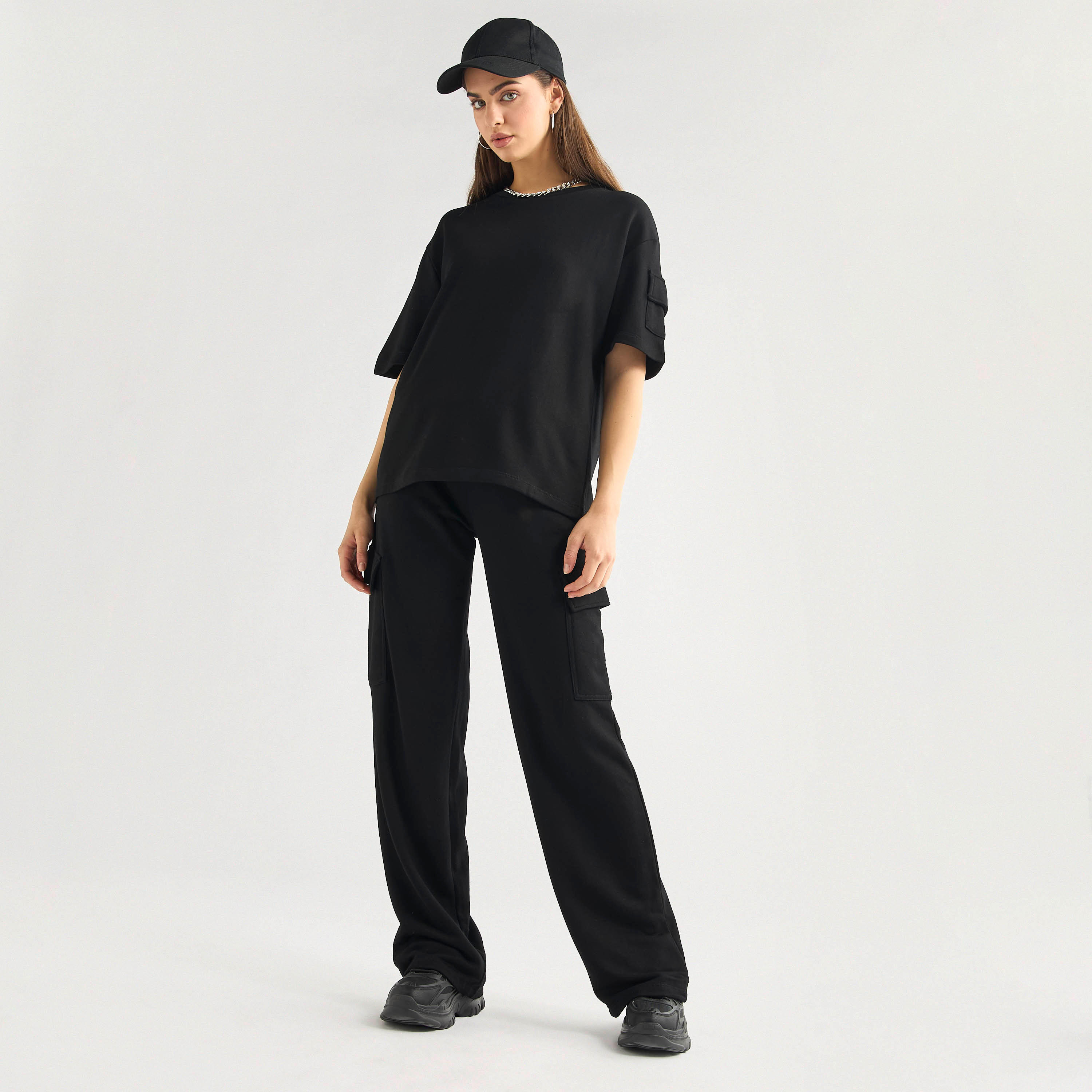 Crew Neck Pocket Detail T-shirt and Cargo Pants Set-women-clothing-coordsets-image-1