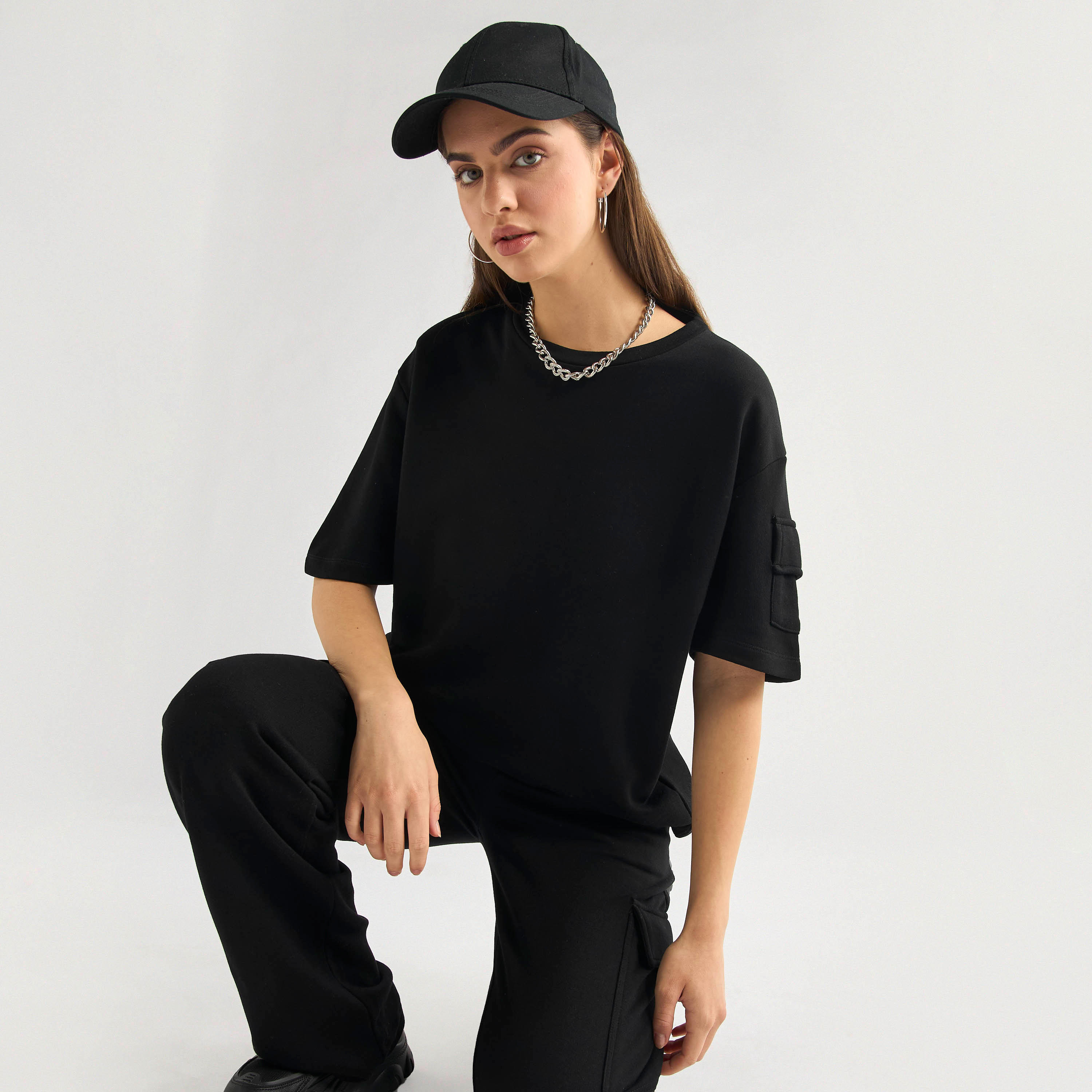 Crew Neck Pocket Detail T-shirt and Cargo Pants Set-women-clothing-coordsets-image-2