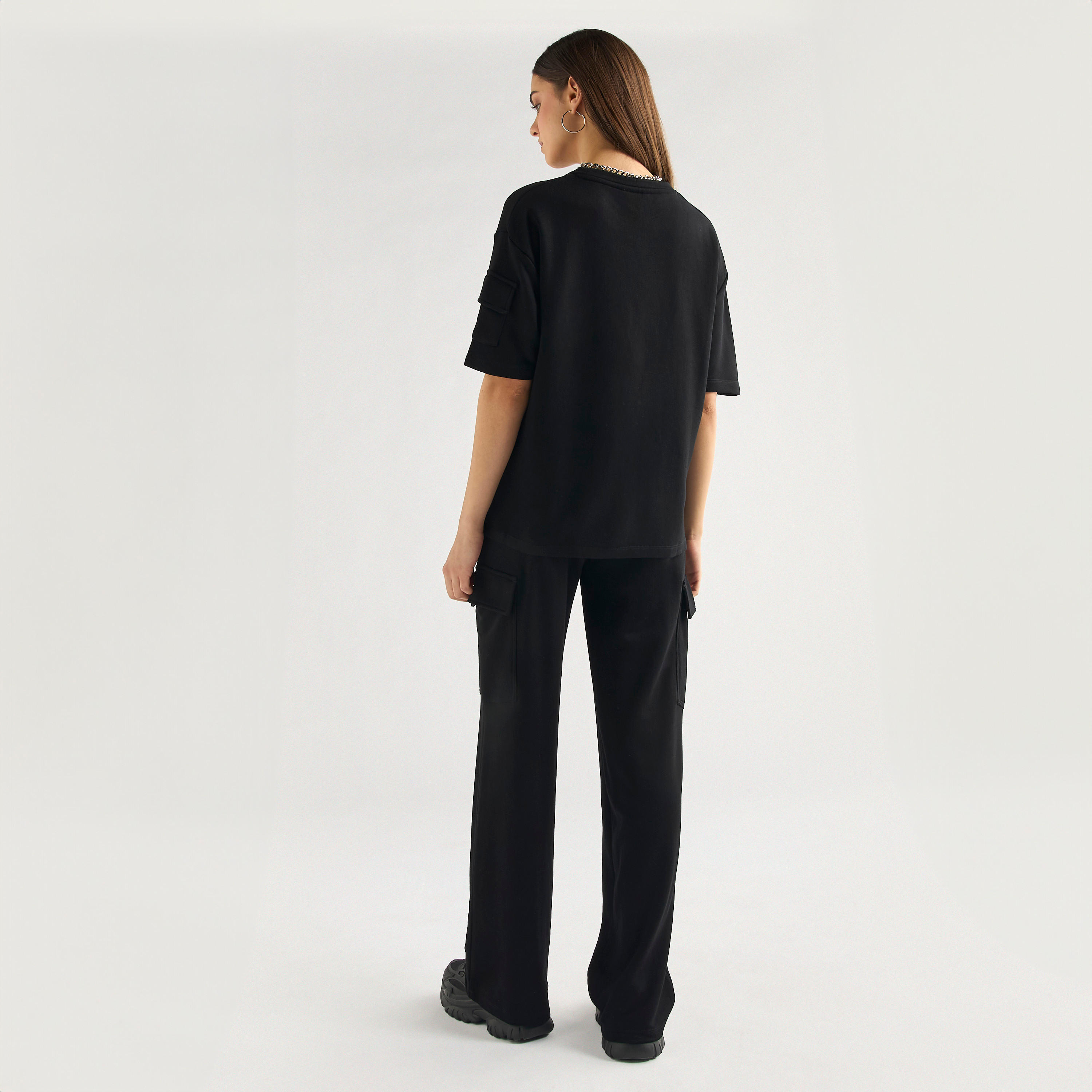 Crew Neck Pocket Detail T-shirt and Cargo Pants Set-women-clothing-coordsets-image-3