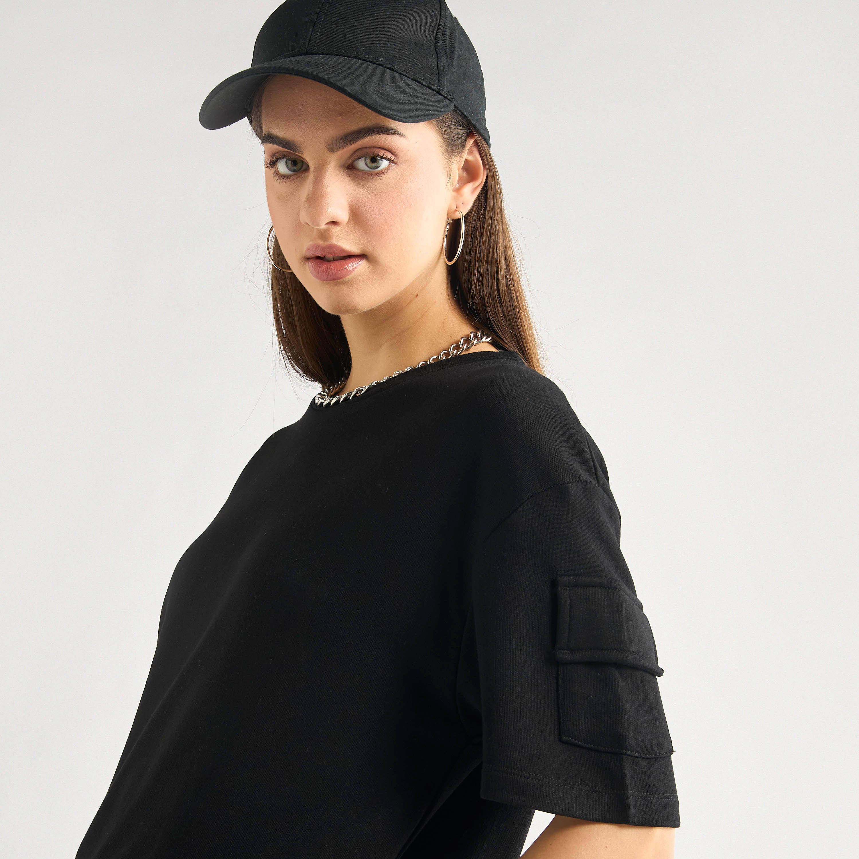 Crew Neck Pocket Detail T-shirt and Cargo Pants Set-women-clothing-coordsets-image-6