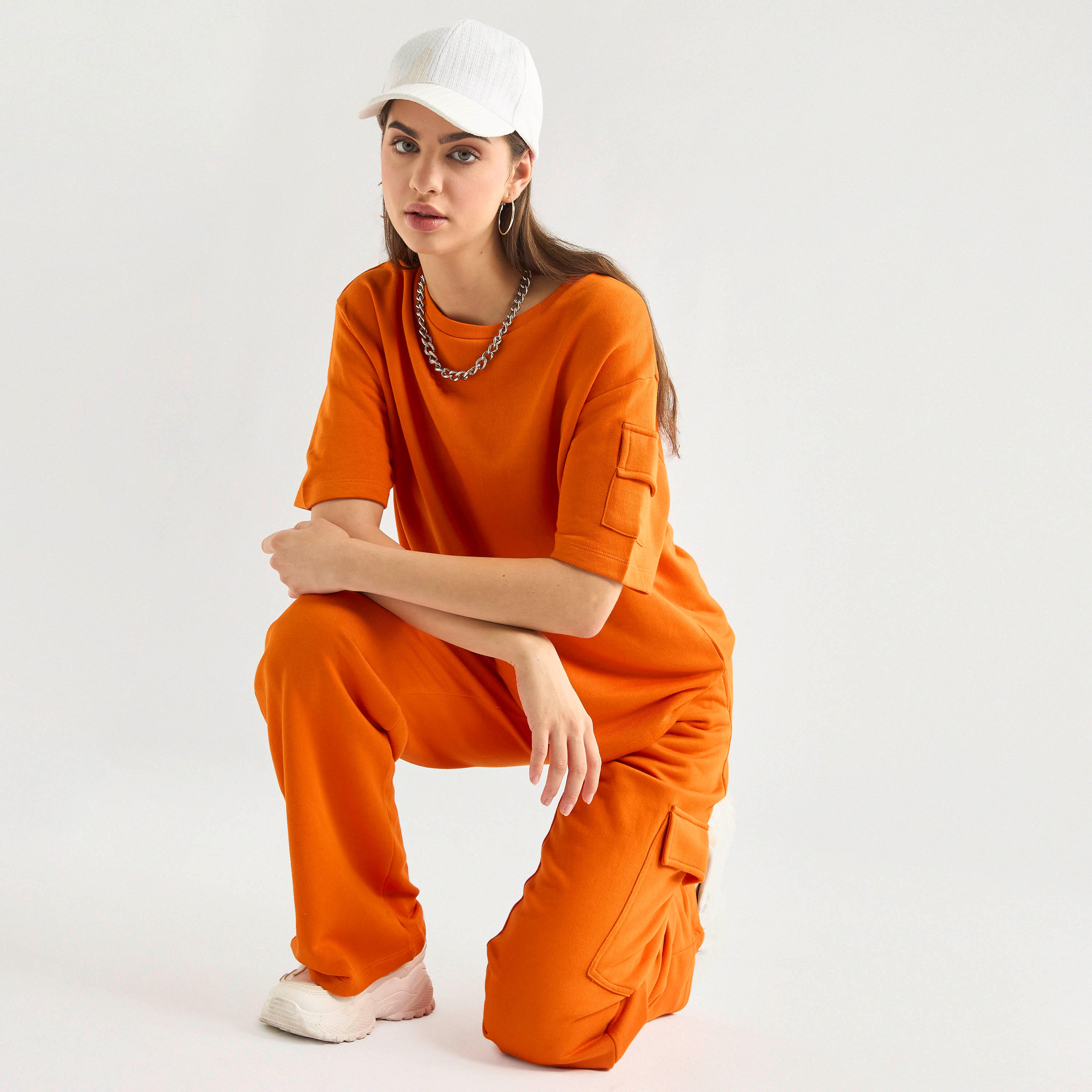 Crew Neck Pocket Detail T-shirt and Cargo Pants Set-women-clothing-coordsets-image-1