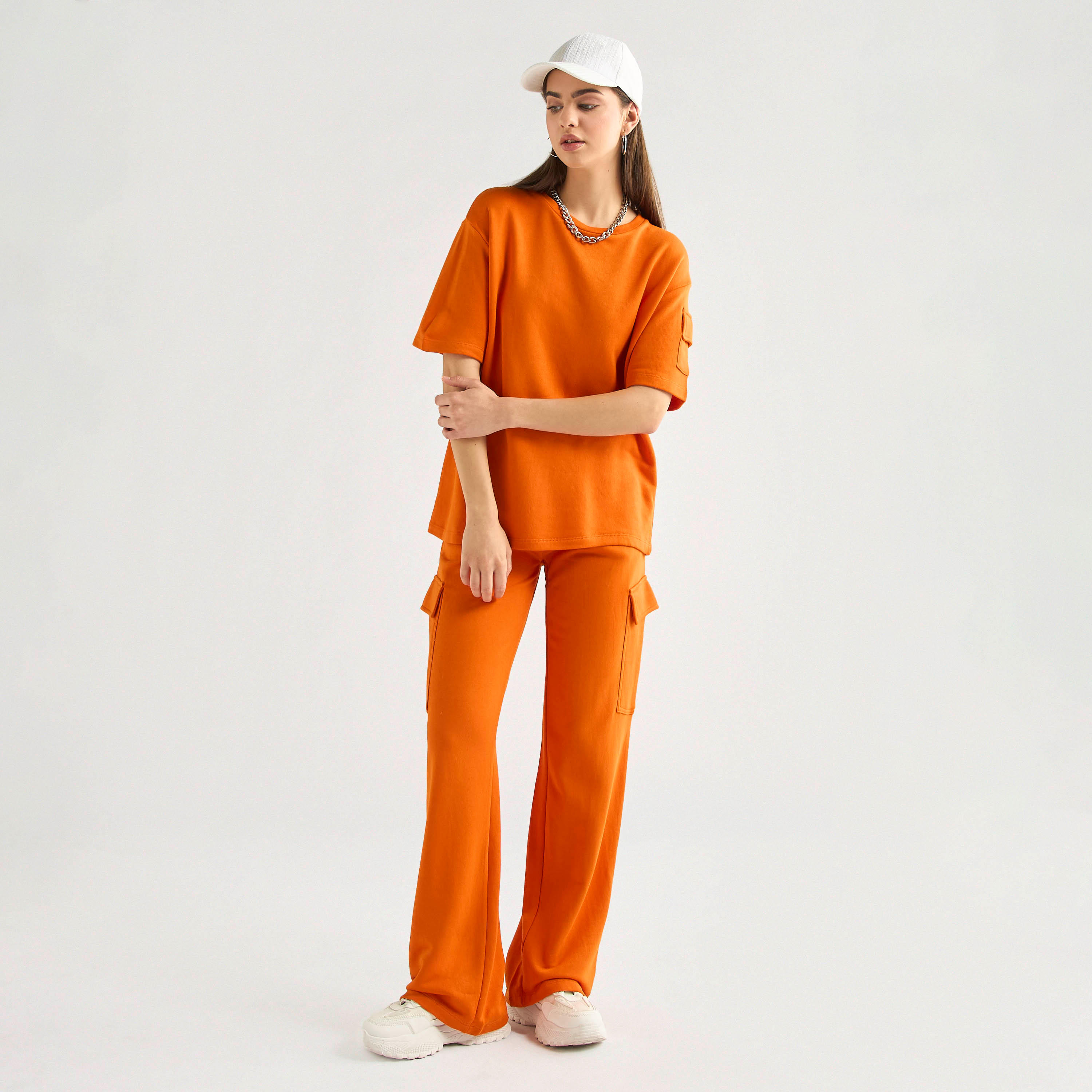 Crew Neck Pocket Detail T-shirt and Cargo Pants Set-women-clothing-coordsets-image-2