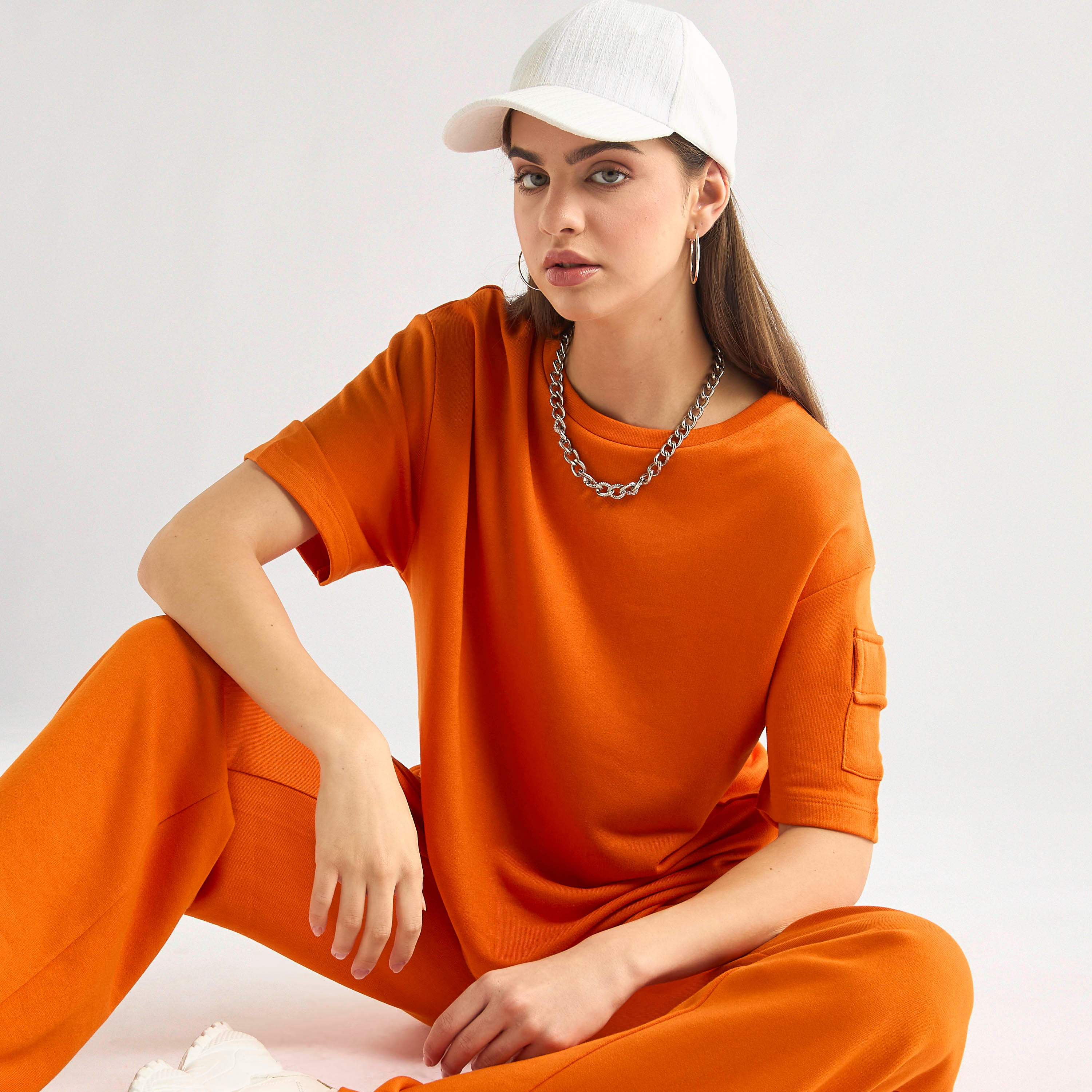 Crew Neck Pocket Detail T-shirt and Cargo Pants Set-women-clothing-coordsets-image-4