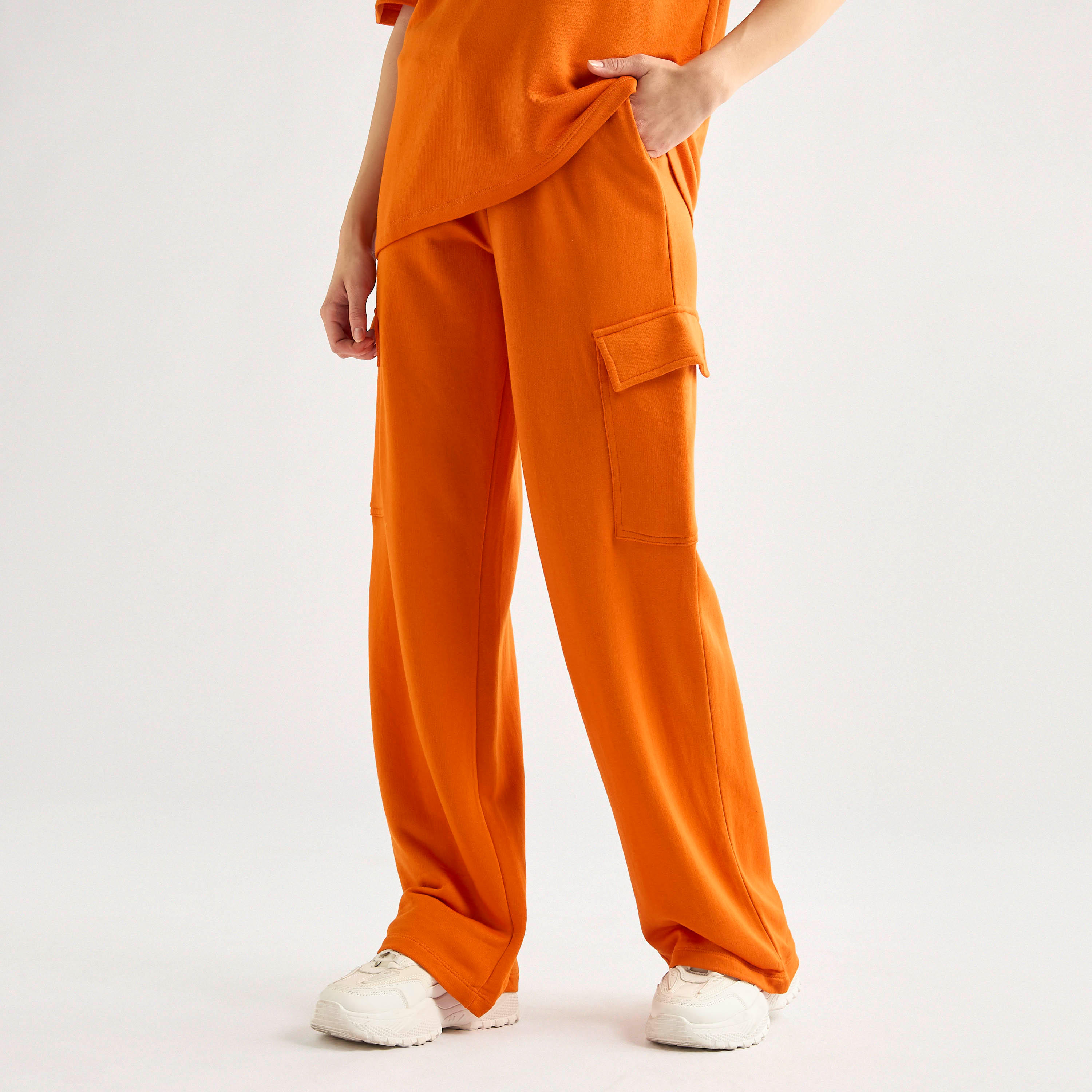 Crew Neck Pocket Detail T-shirt and Cargo Pants Set-women-clothing-coordsets-image-5