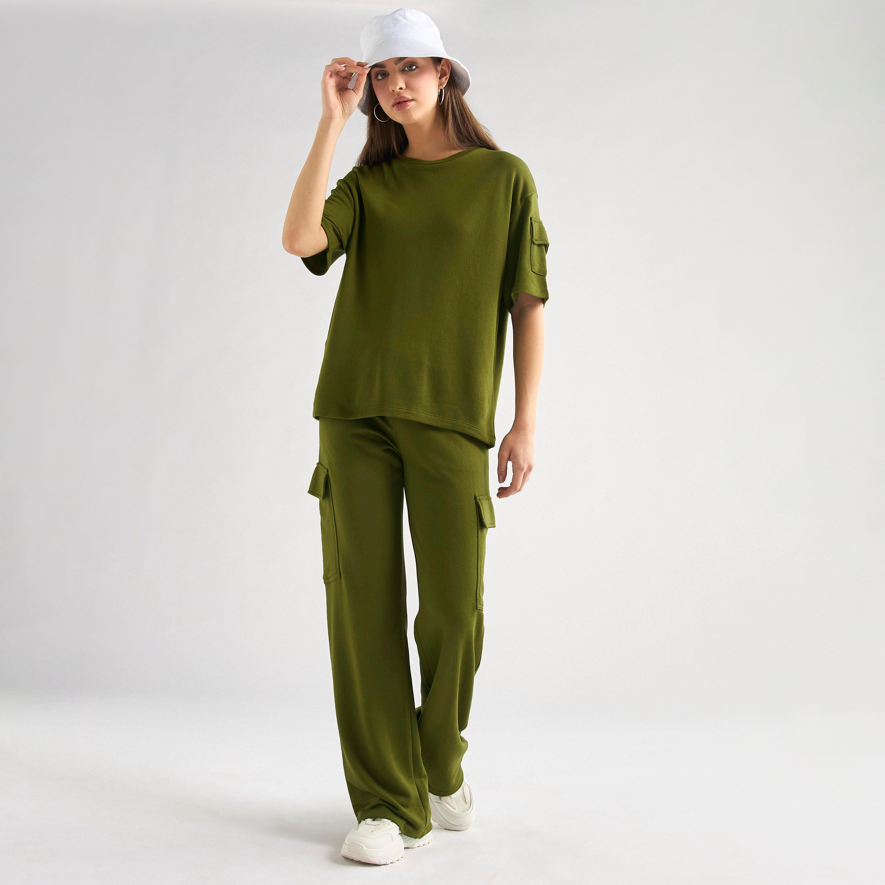 Crew Neck Pocket Detail T-shirt and Cargo Pants Set-women-clothing-coordsets-image-1