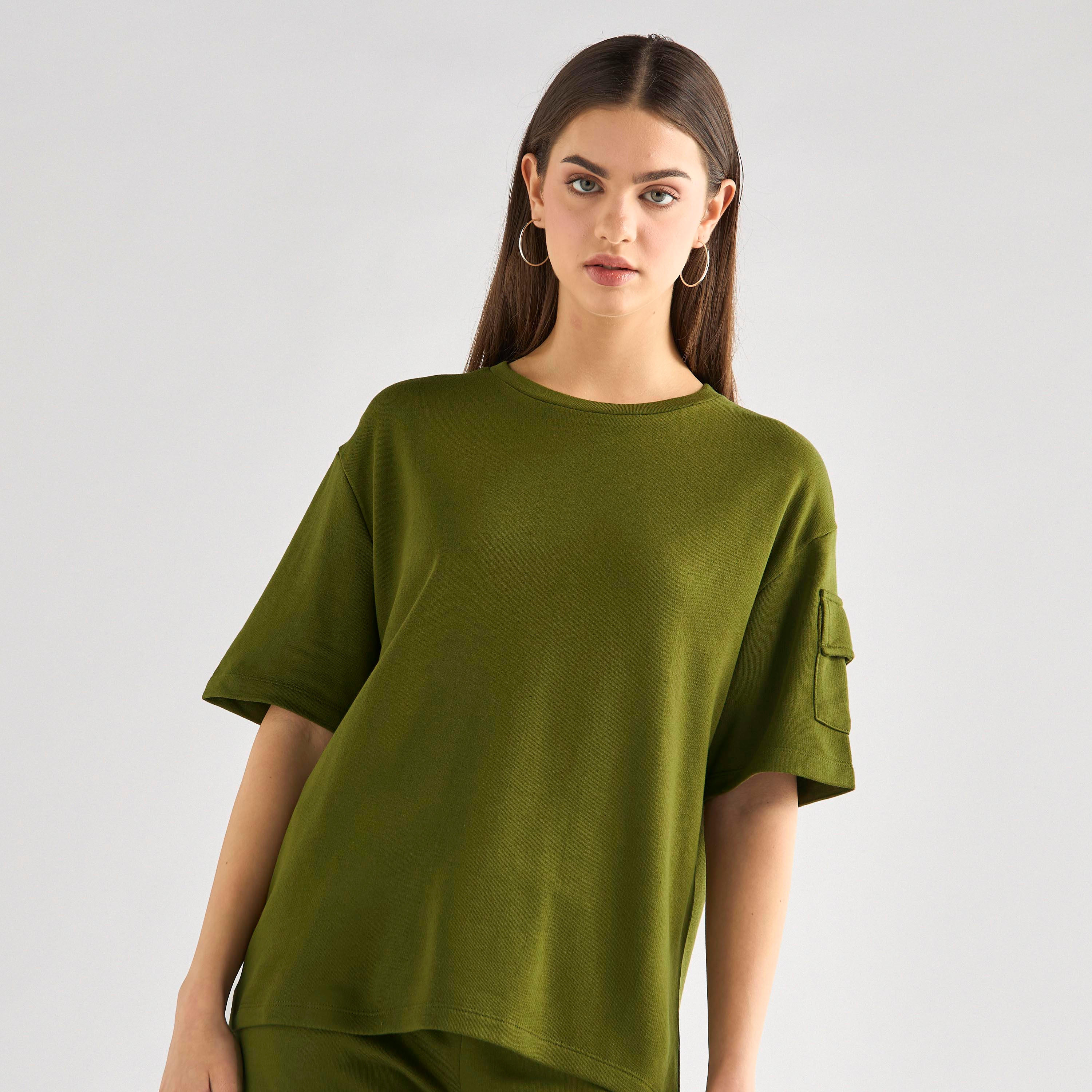 Crew Neck Pocket Detail T-shirt and Cargo Pants Set-women-clothing-coordsets-image-2