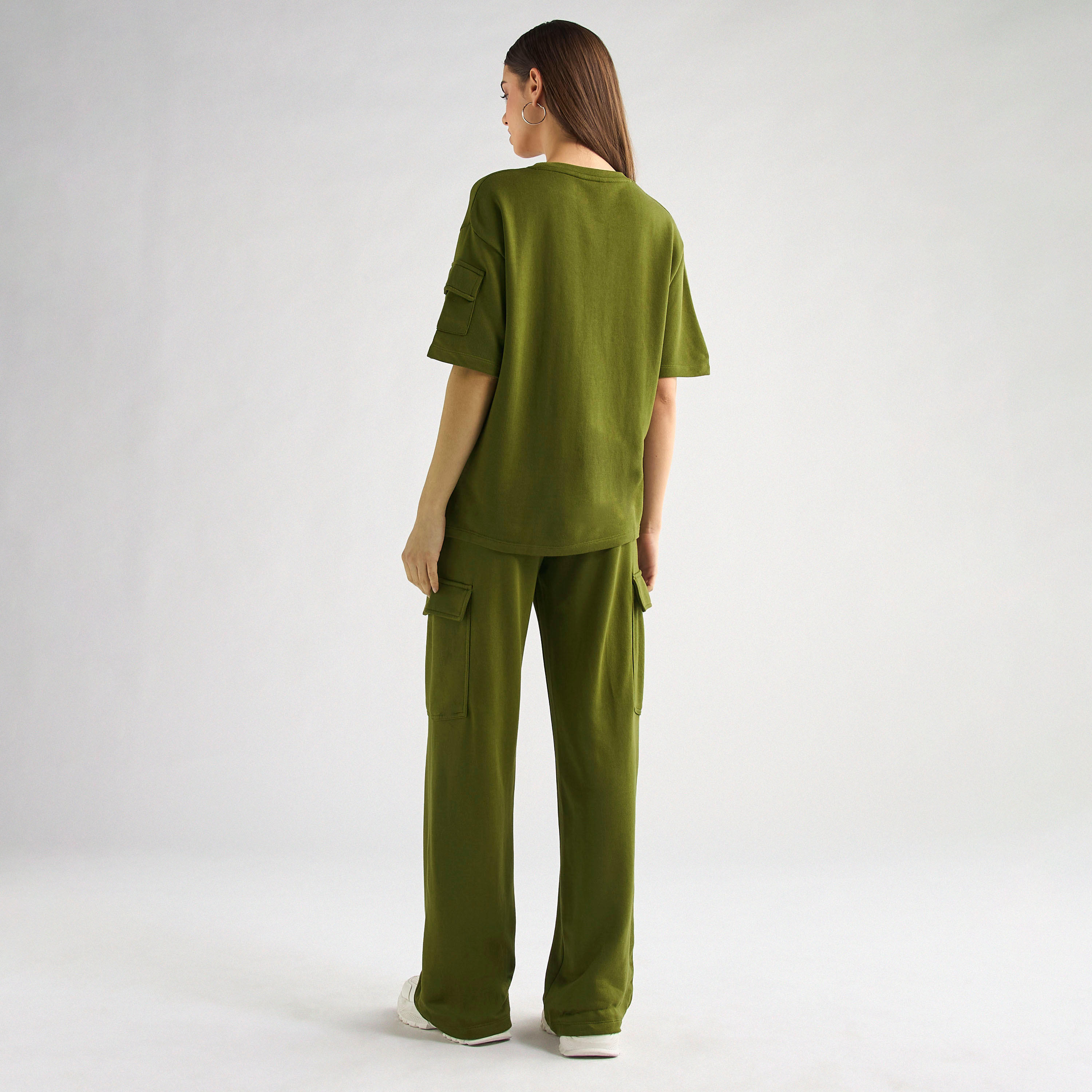Crew Neck Pocket Detail T-shirt and Cargo Pants Set-women-clothing-coordsets-image-3