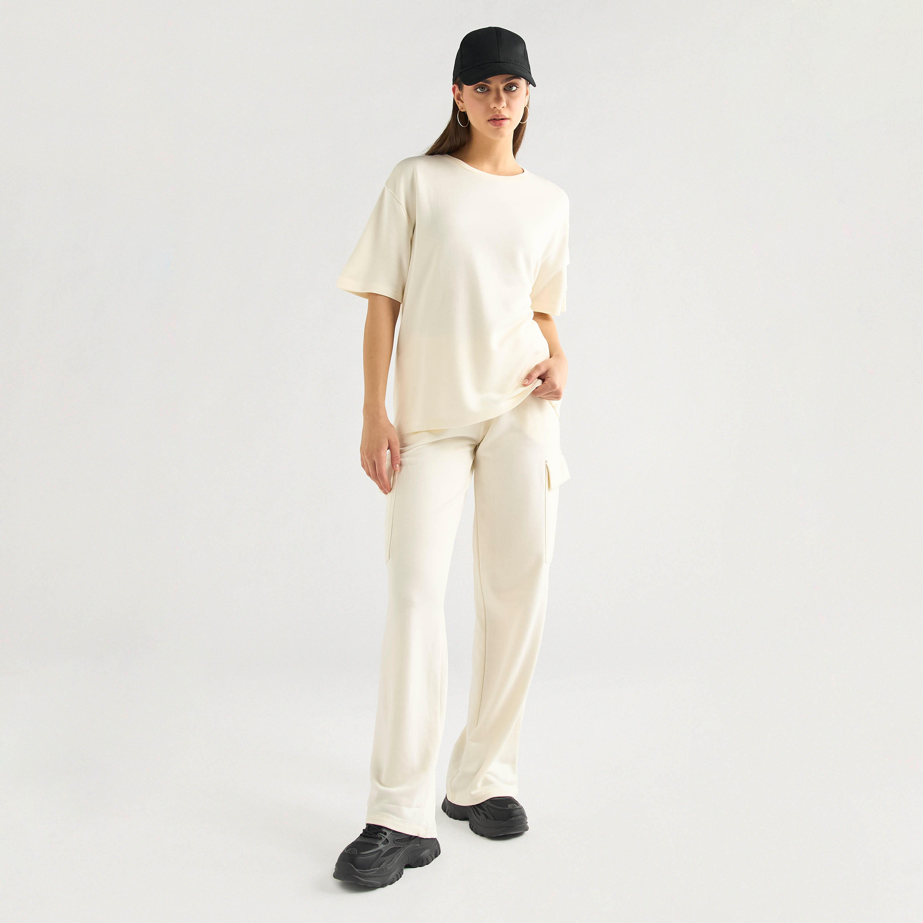 Crew Neck Pocket Detail T-shirt and Cargo Pants Set-women-clothing-coordsets-image-1