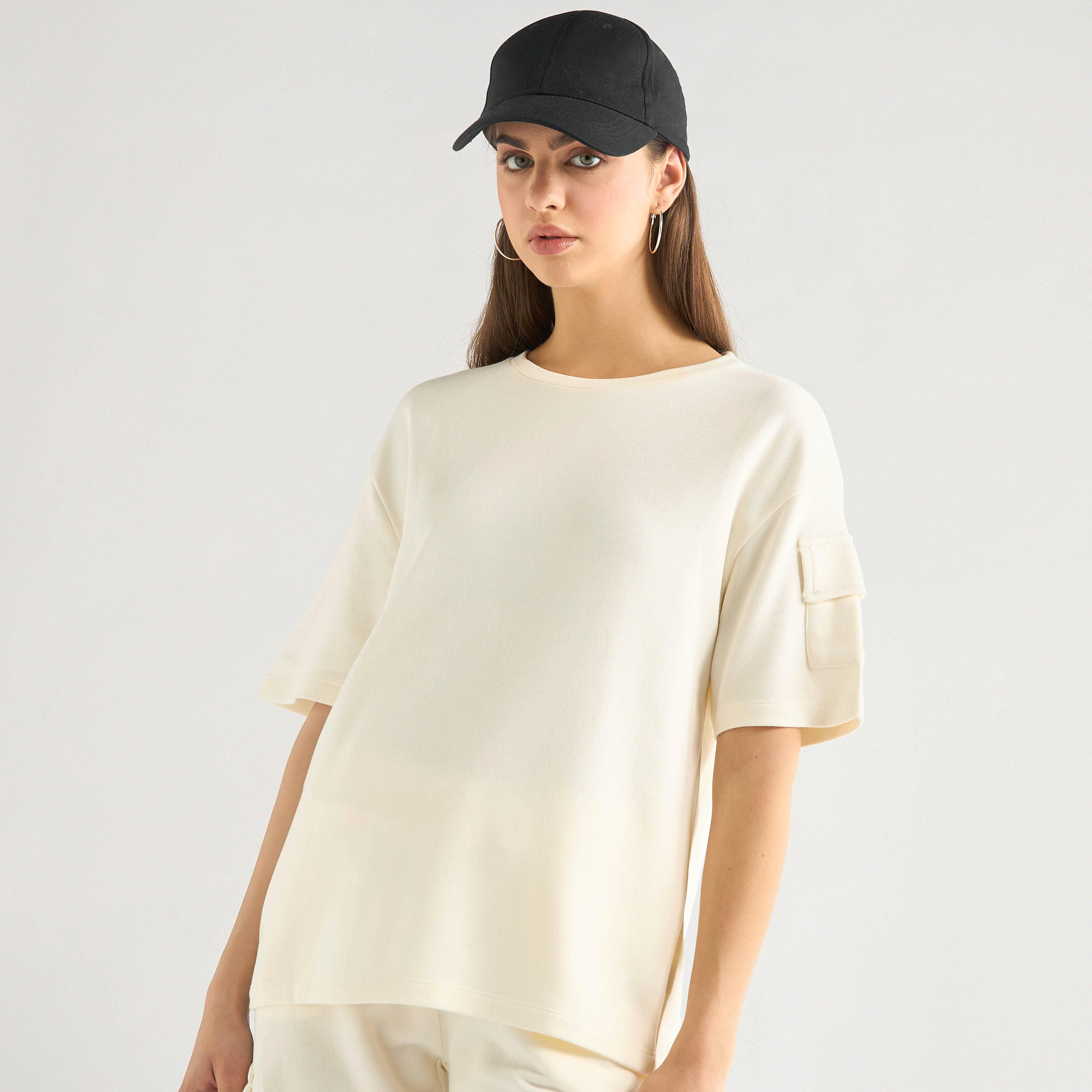 Crew Neck Pocket Detail T-shirt and Cargo Pants Set-women-clothing-coordsets-image-2