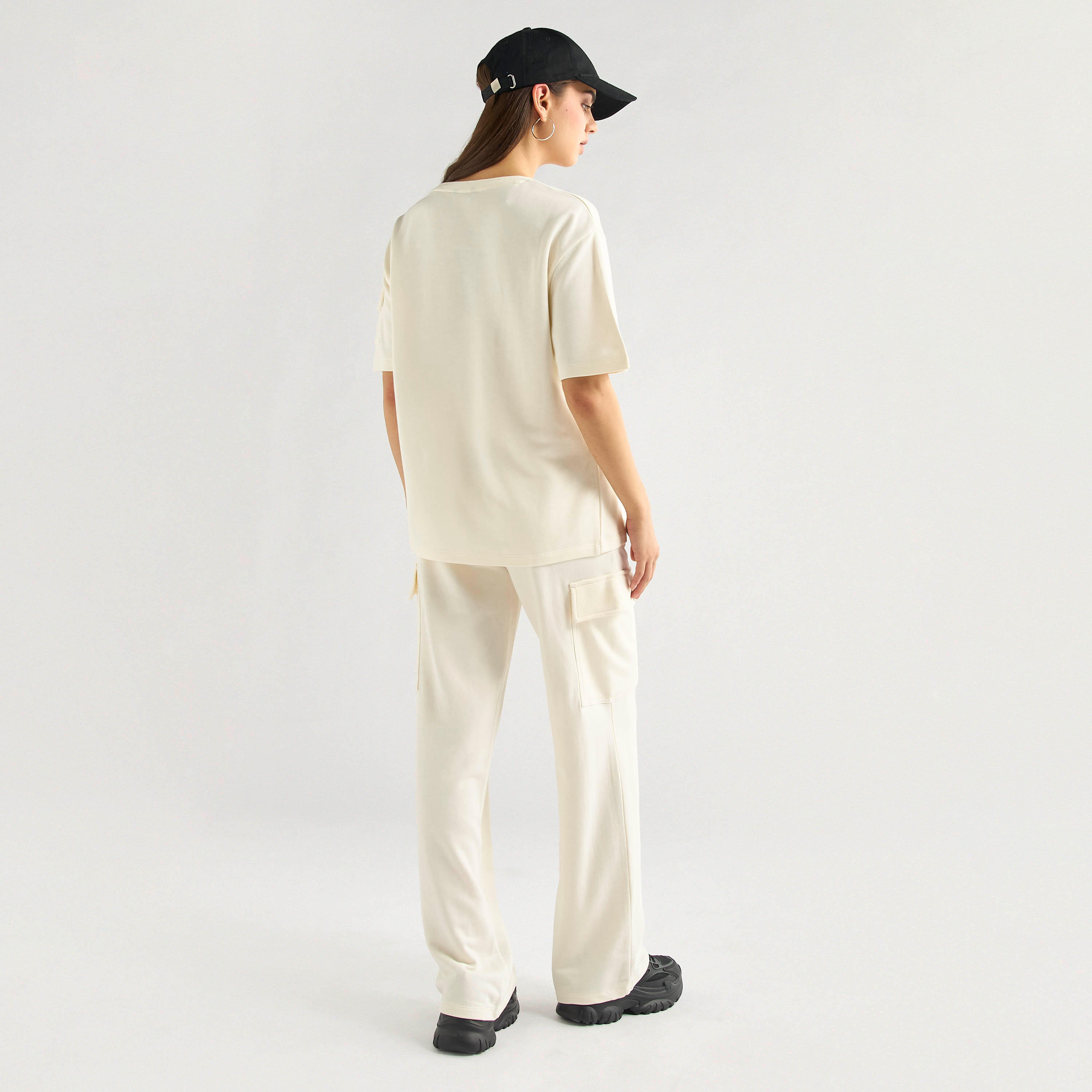 Crew Neck Pocket Detail T-shirt and Cargo Pants Set-women-clothing-coordsets-image-3