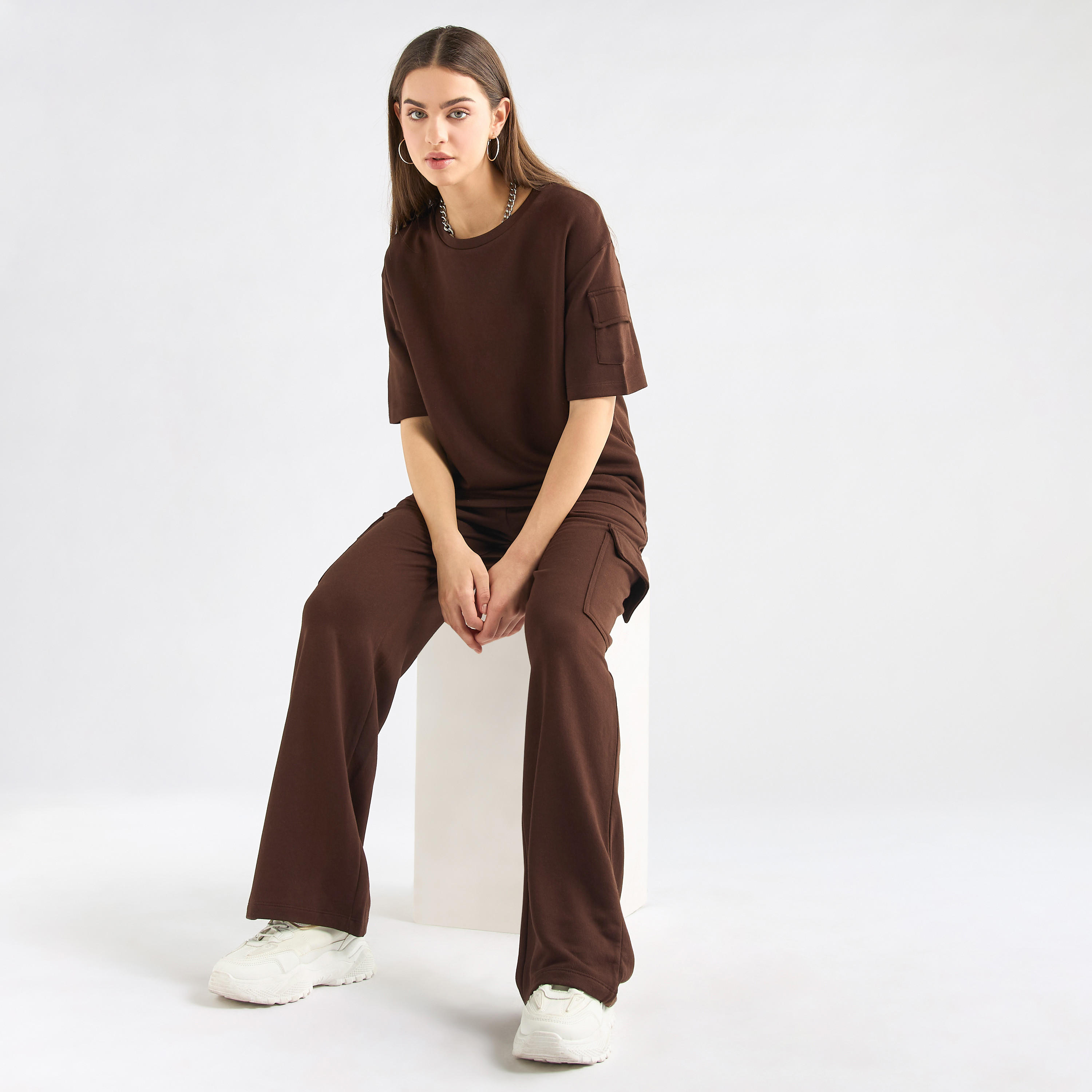 Crew Neck Pocket Detail T-shirt and Cargo Pants Set-women-clothing-coordsets-image-1
