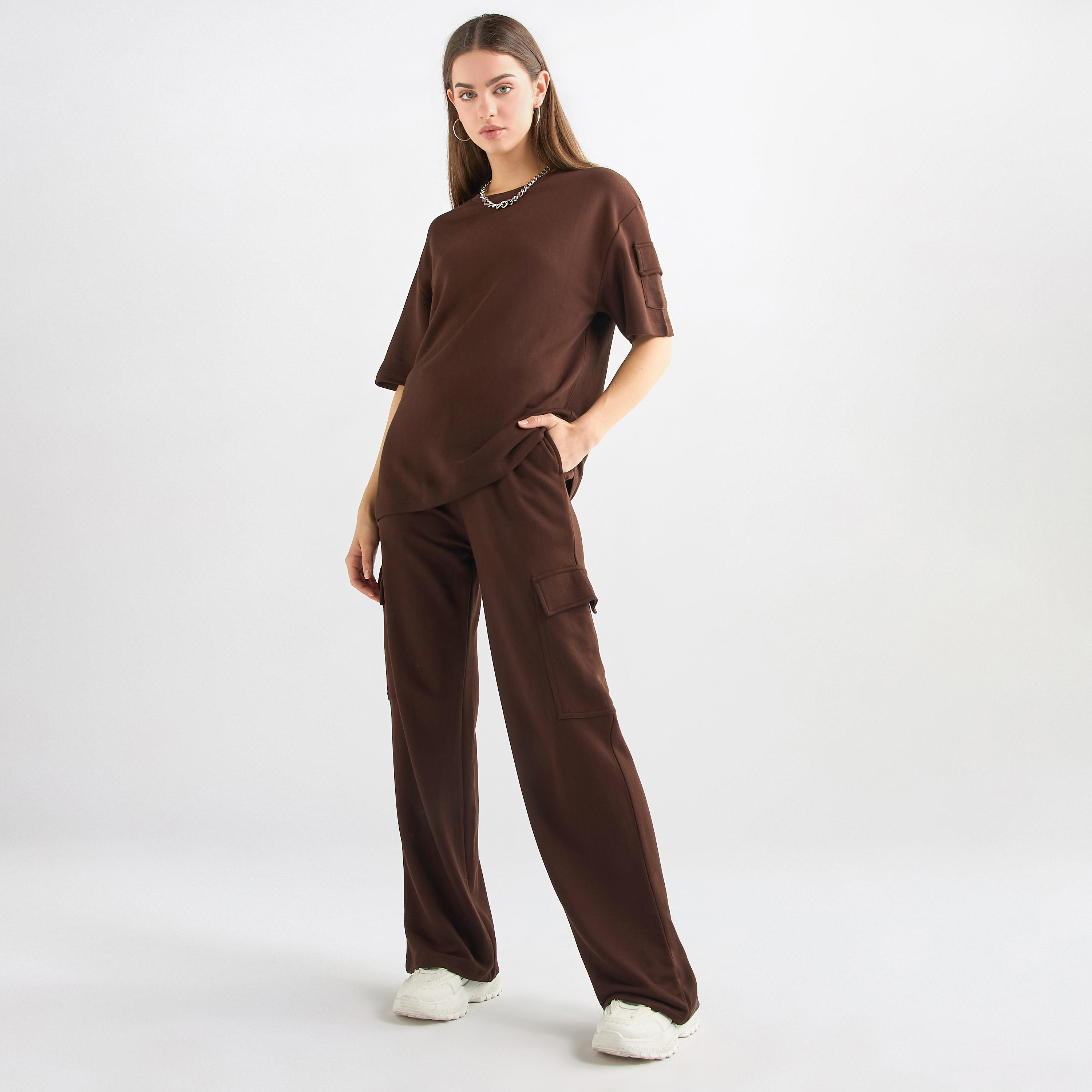 Crew Neck Pocket Detail T-shirt and Cargo Pants Set-women-clothing-coordsets-image-7