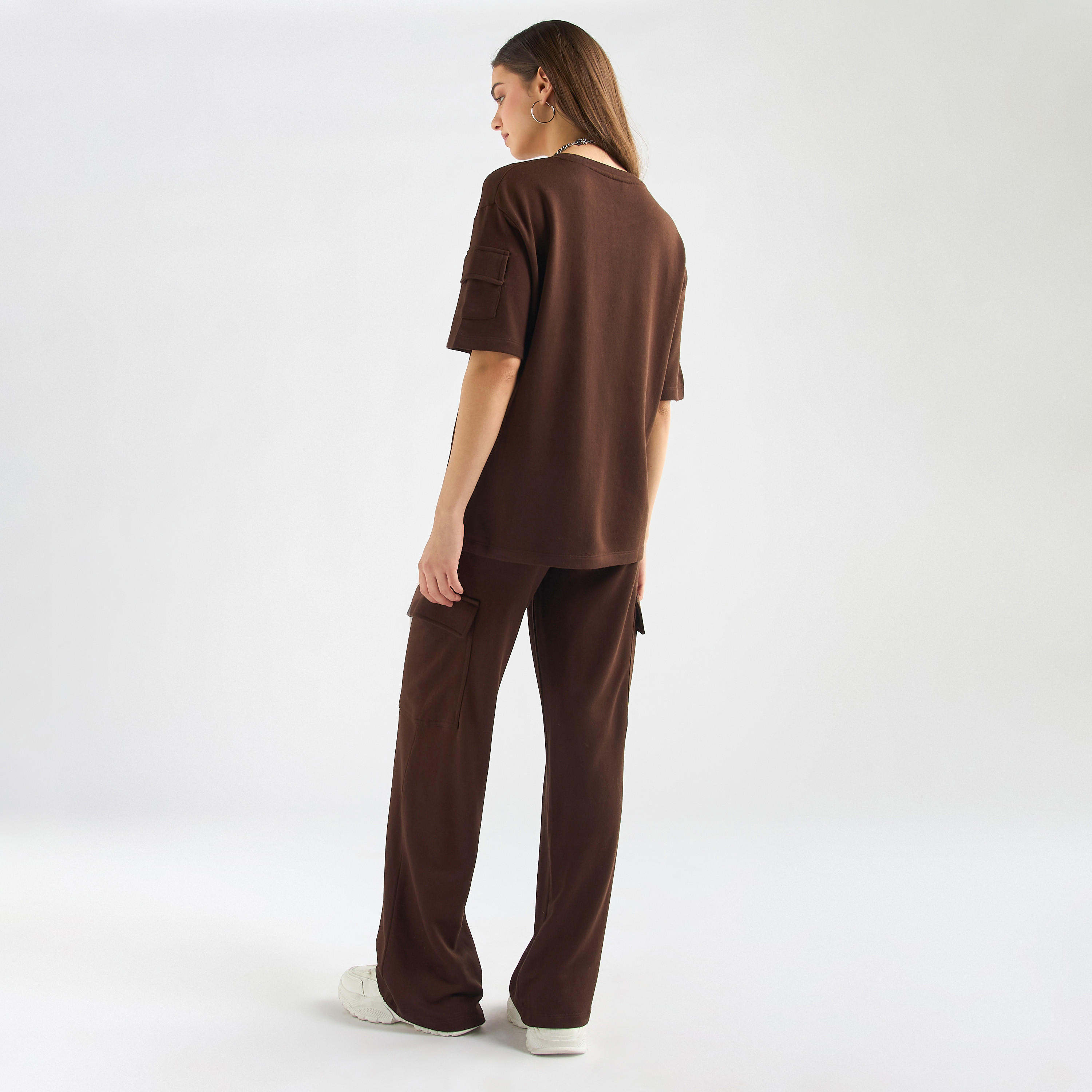 Crew Neck Pocket Detail T-shirt and Cargo Pants Set-women-clothing-coordsets-image-2