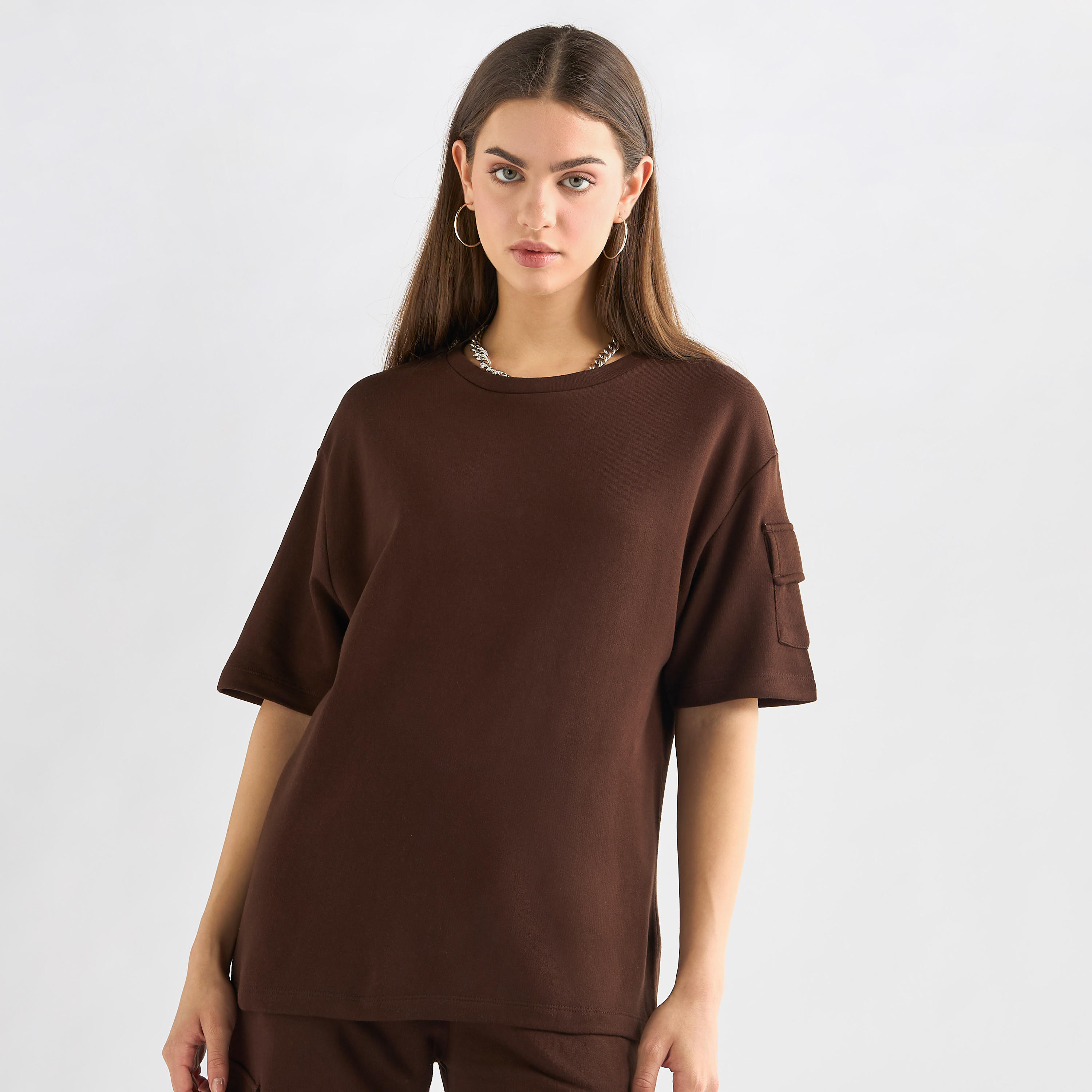 Crew Neck Pocket Detail T-shirt and Cargo Pants Set-women-clothing-coordsets-image-3
