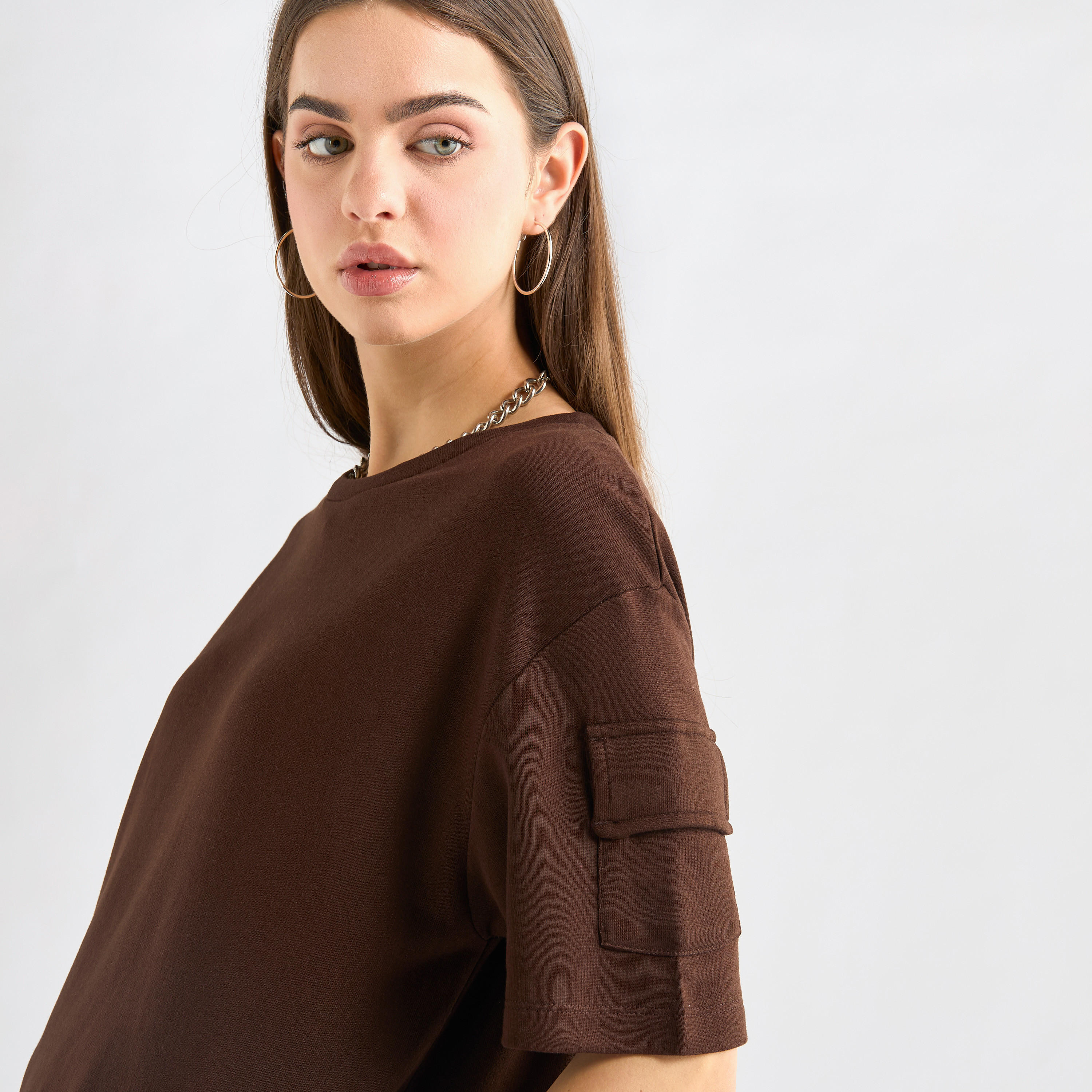 Crew Neck Pocket Detail T-shirt and Cargo Pants Set-women-clothing-coordsets-image-5