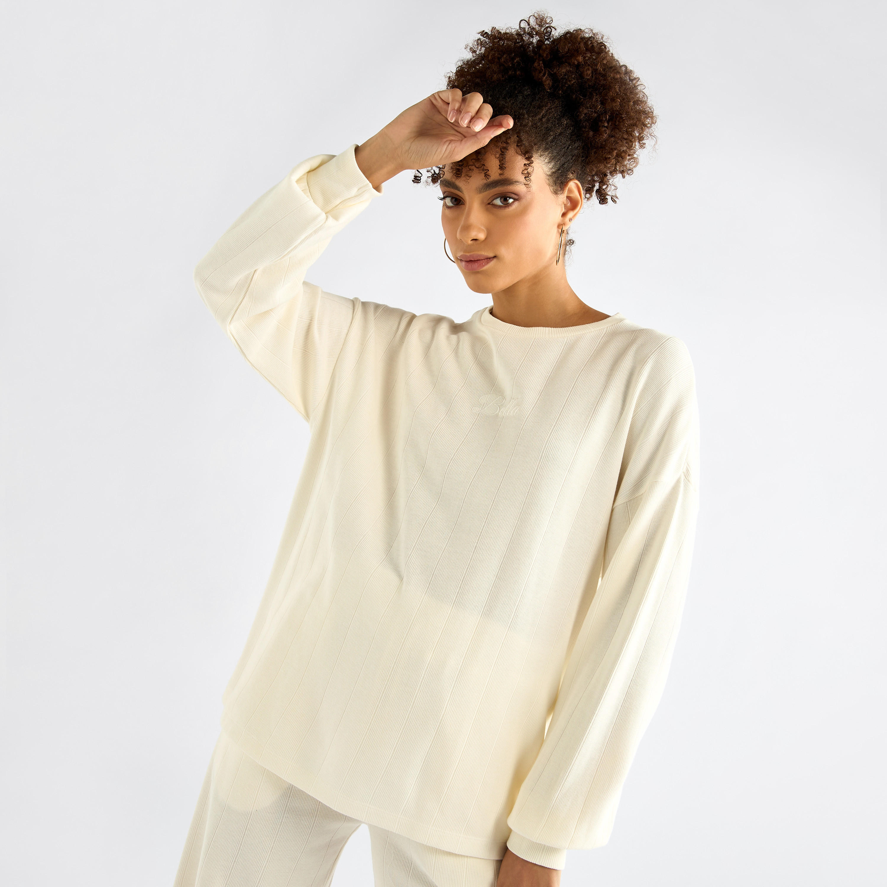 طقم بنطلون وتيشيرت بارز الملمس بأكمام طويلة-women-clothing-coordsets-image-2
