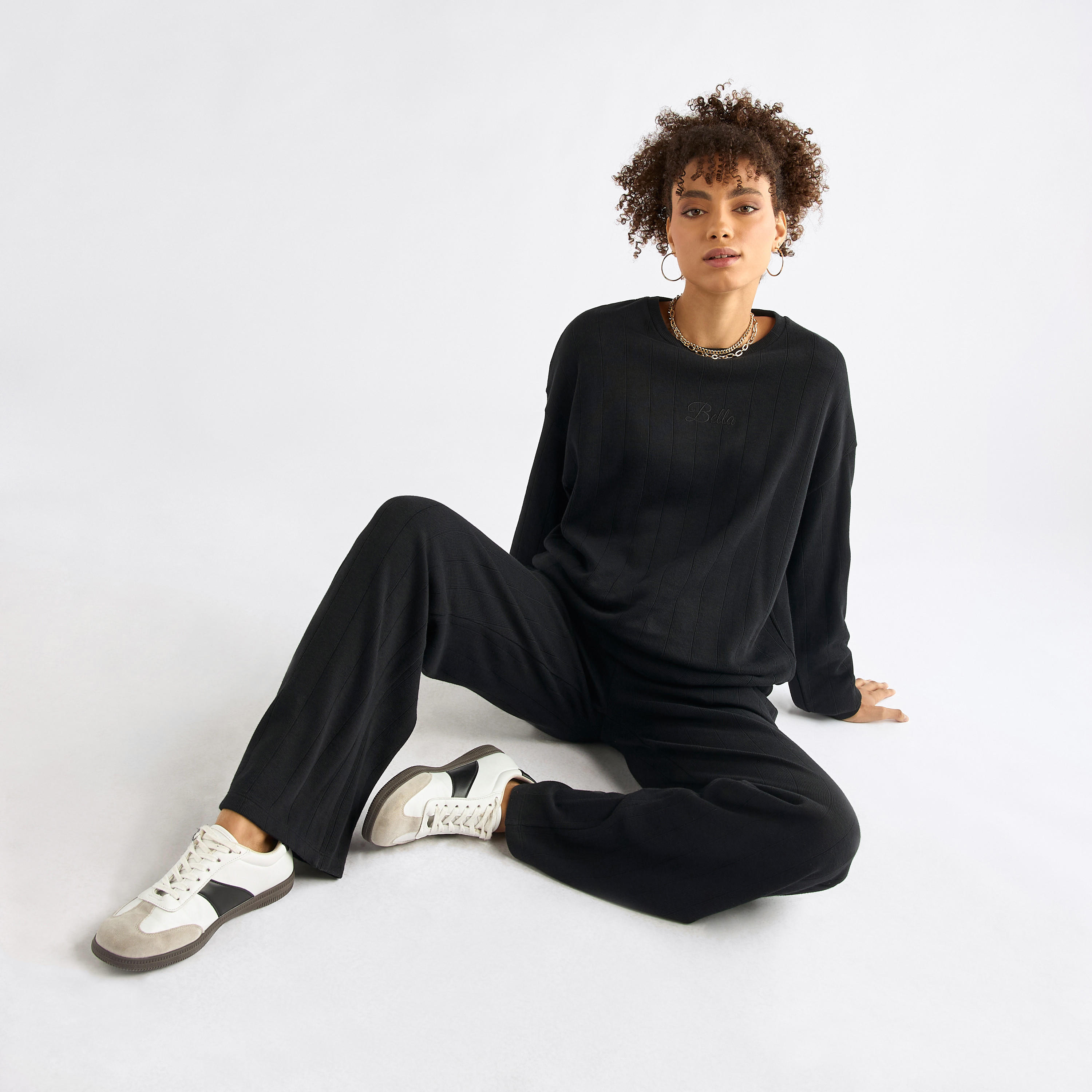 Textured Long Sleeves T-shirt and Pants Set-women-clothing-coordsets-image-1