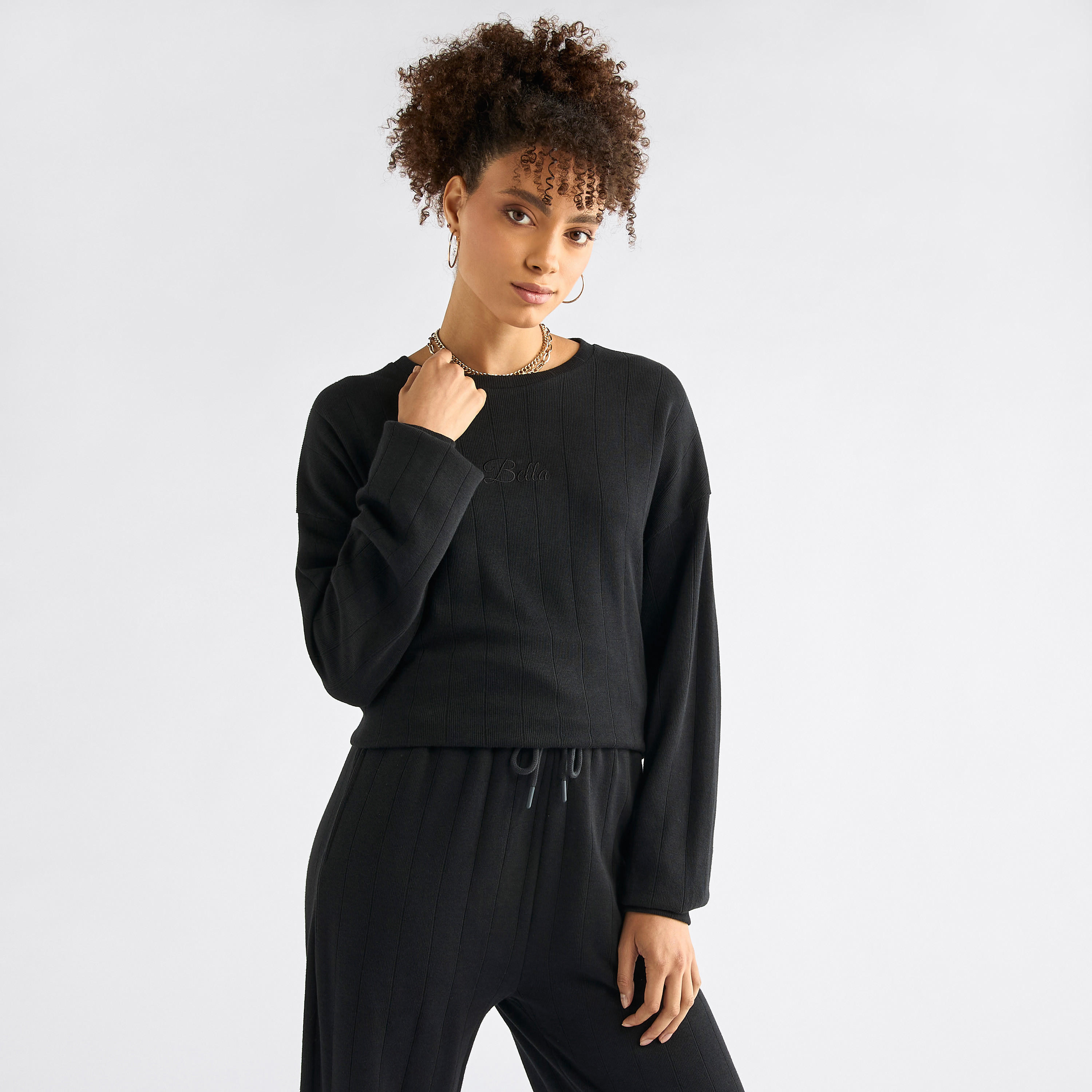 Textured Long Sleeves T-shirt and Pants Set-women-clothing-coordsets-image-2