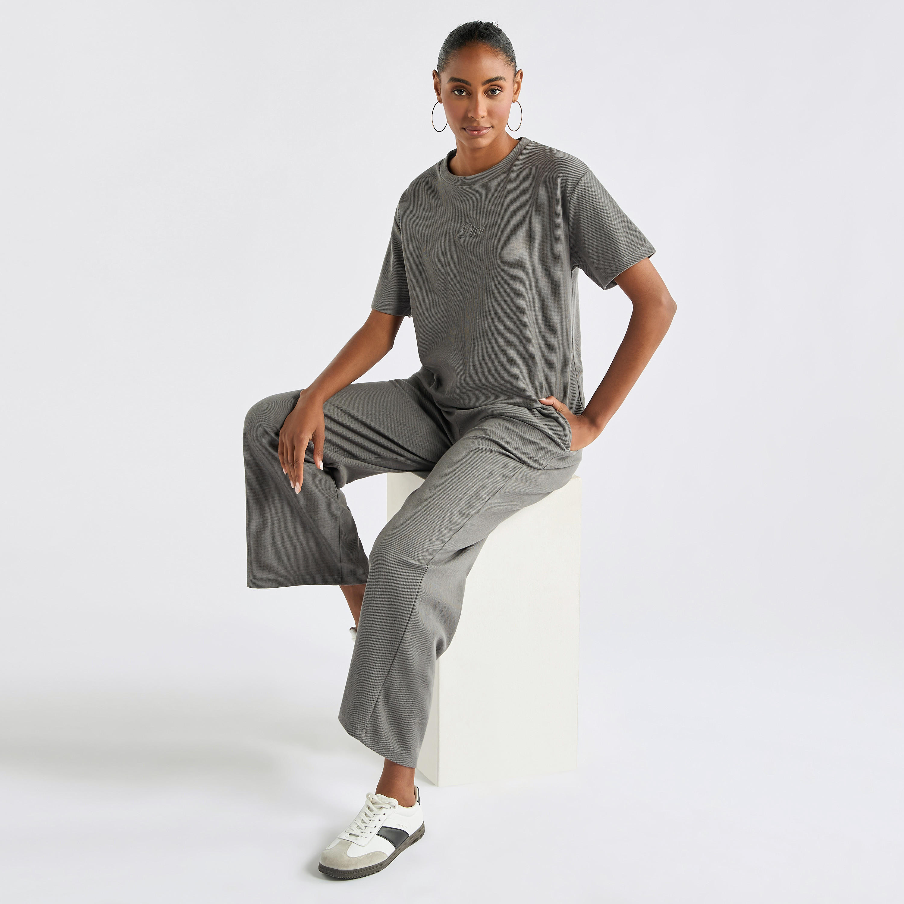 Embroidered Crew Neck T-shirt and Pants Set-women-clothing-coordsets-image-1