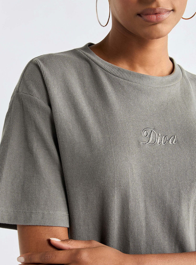 Embroidered Crew Neck T-shirt and Pants Set-women-clothing-coordsets-image-5