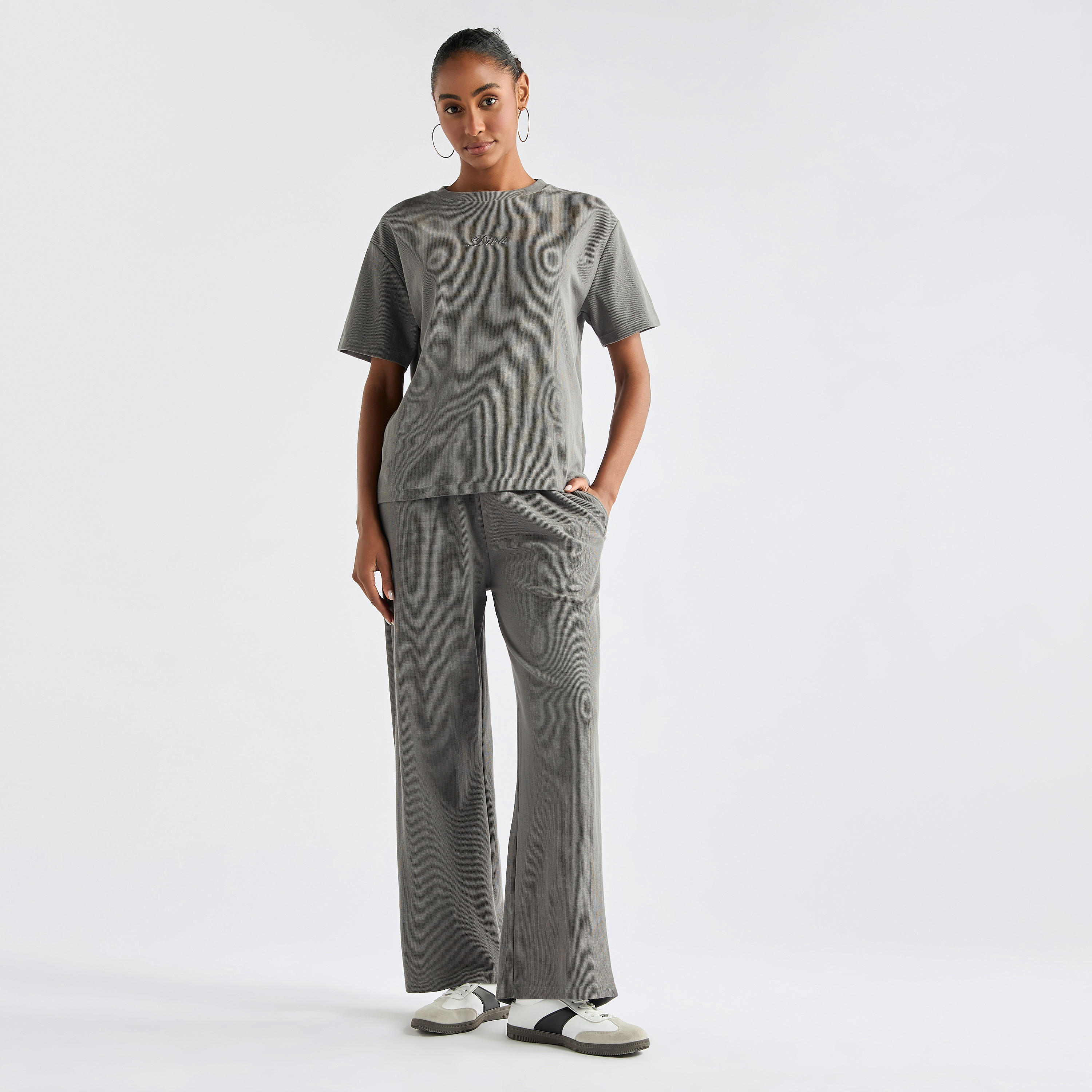 Embroidered Crew Neck T-shirt and Pants Set-women-clothing-coordsets-image-7