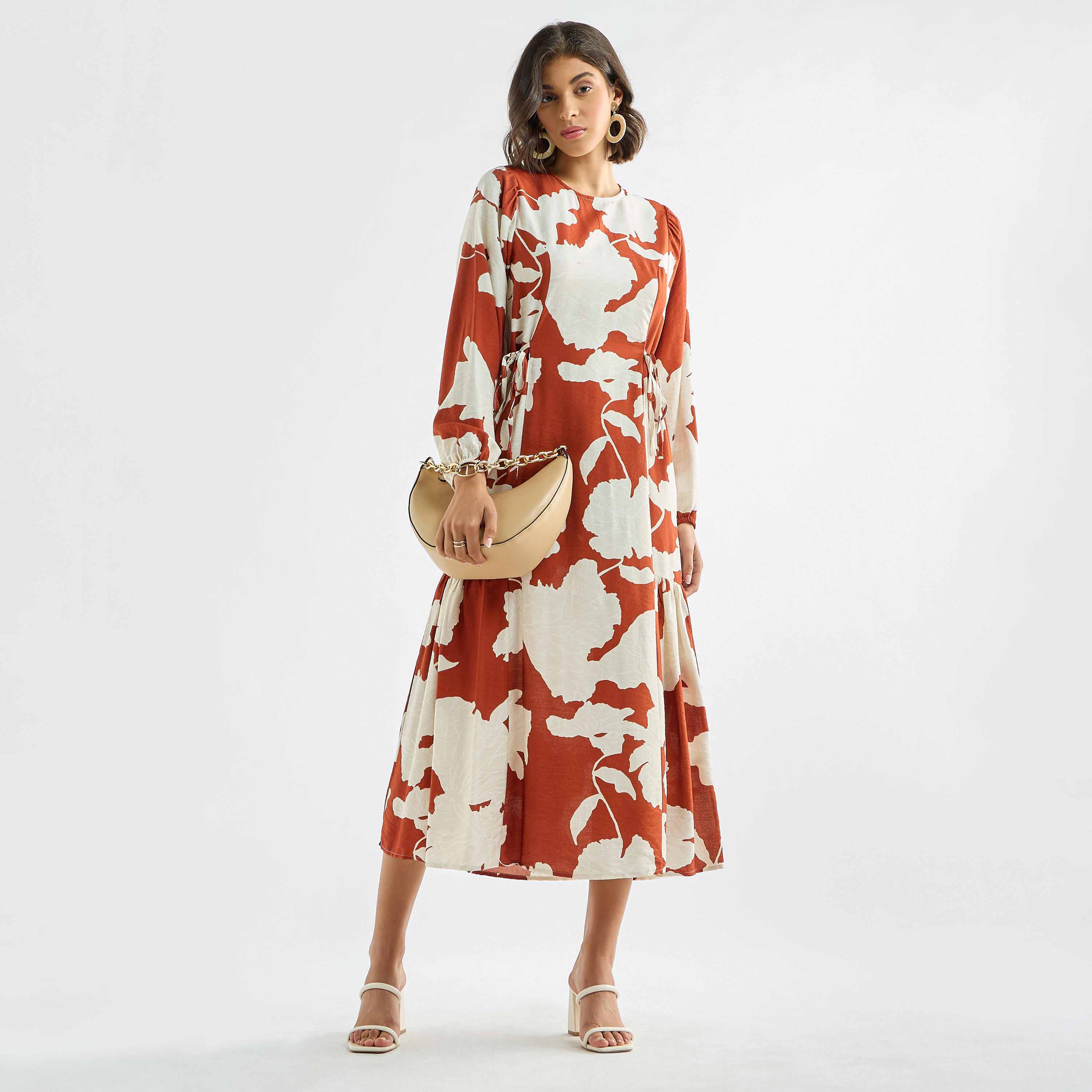 Printed Dress with Long Sleeves and Tie-Ups-women-clothing-dresses-image-1