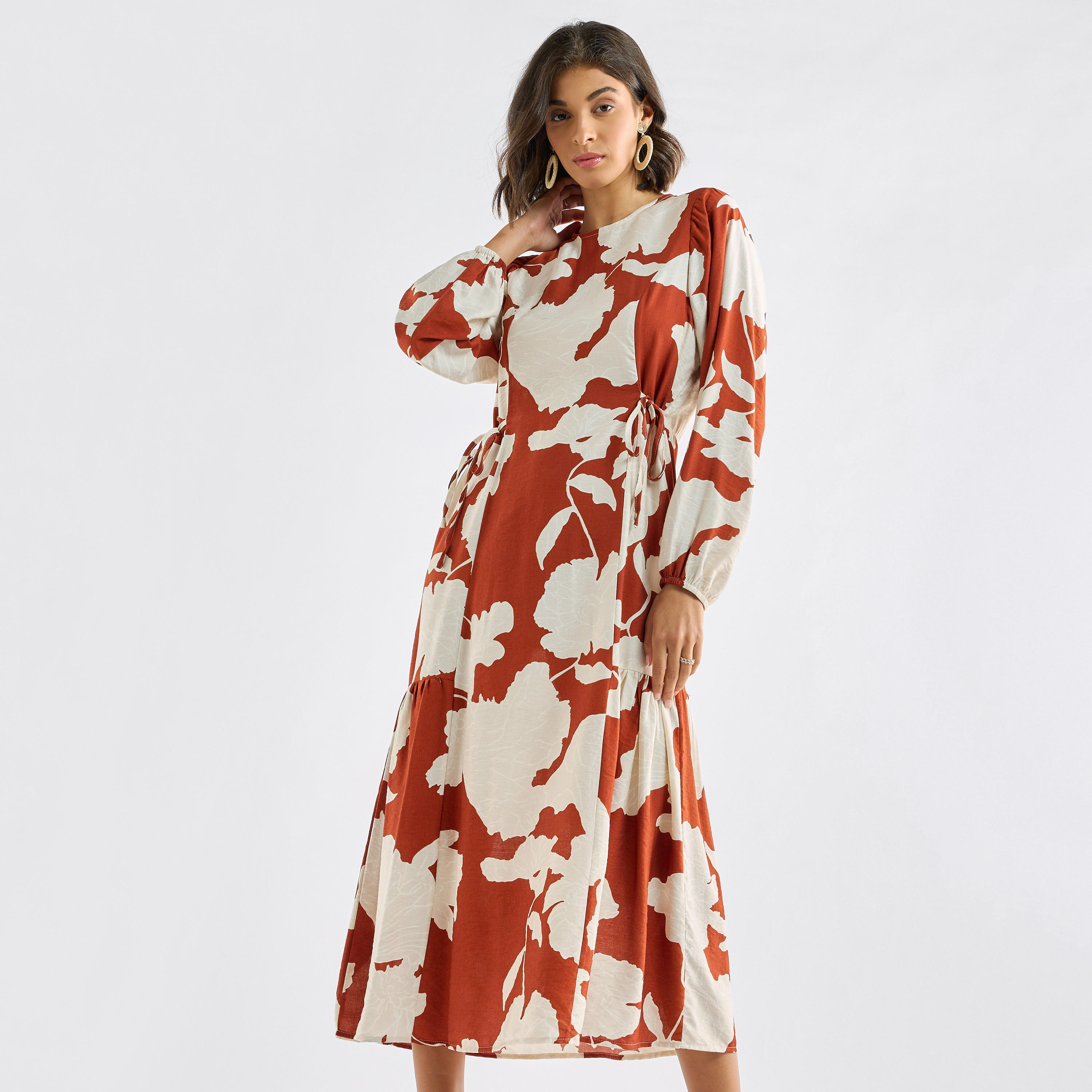 Printed Dress with Long Sleeves and Tie-Ups-women-clothing-dresses-image-2