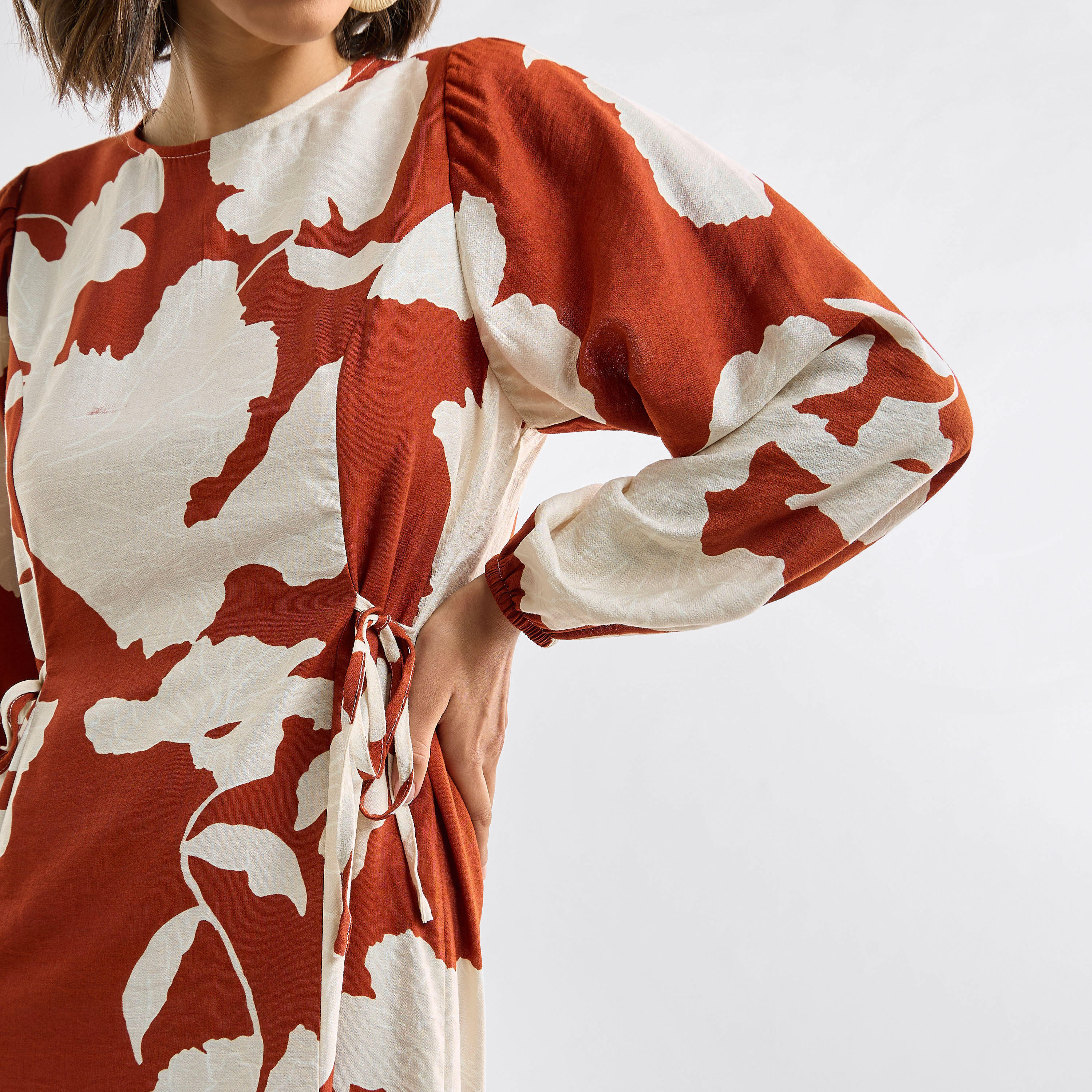 Printed Dress with Long Sleeves and Tie-Ups-women-clothing-dresses-image-4