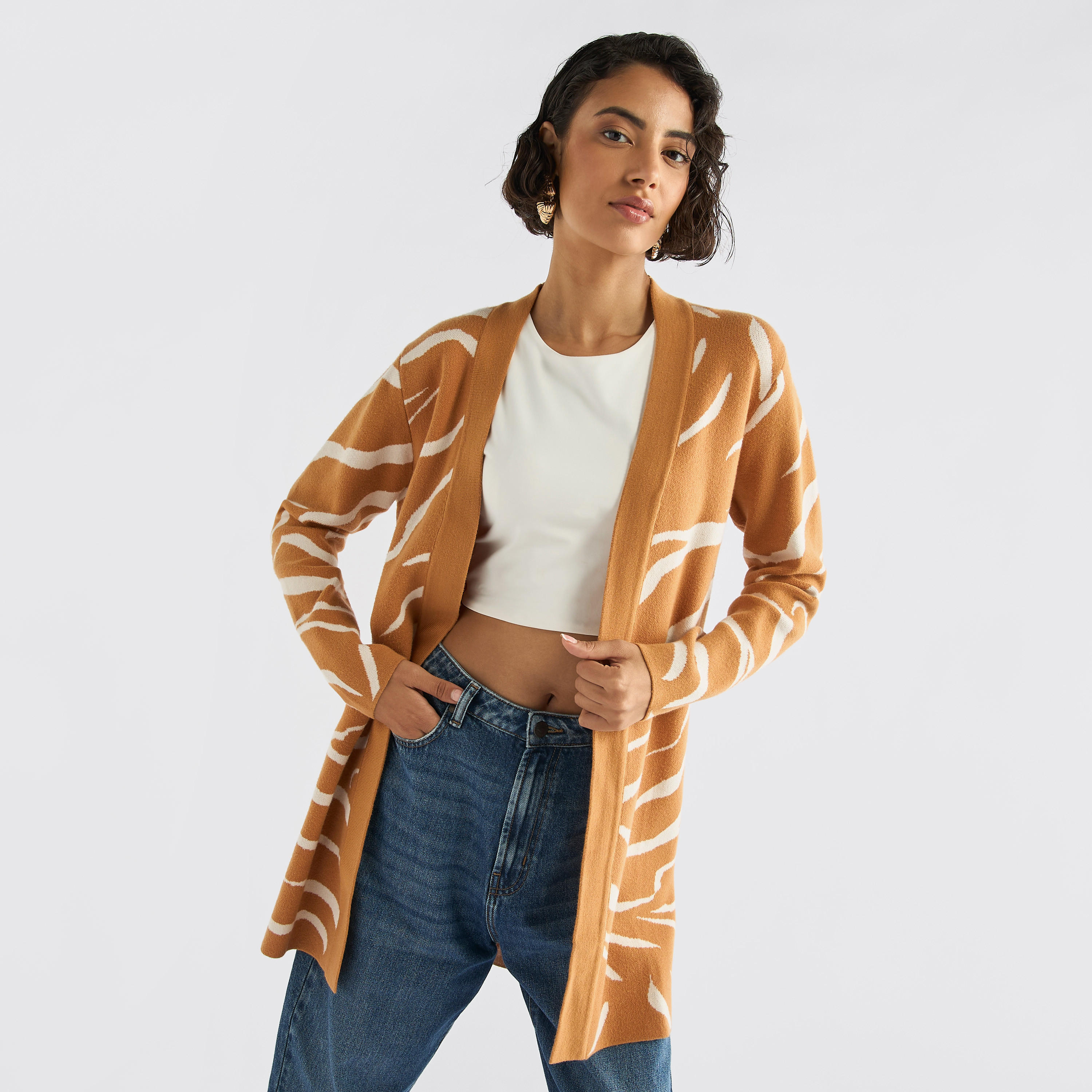Textured Open Front Cardigan with Long Sleeves-women-winterwear-cardigansandjumpers-cardigans-image-1