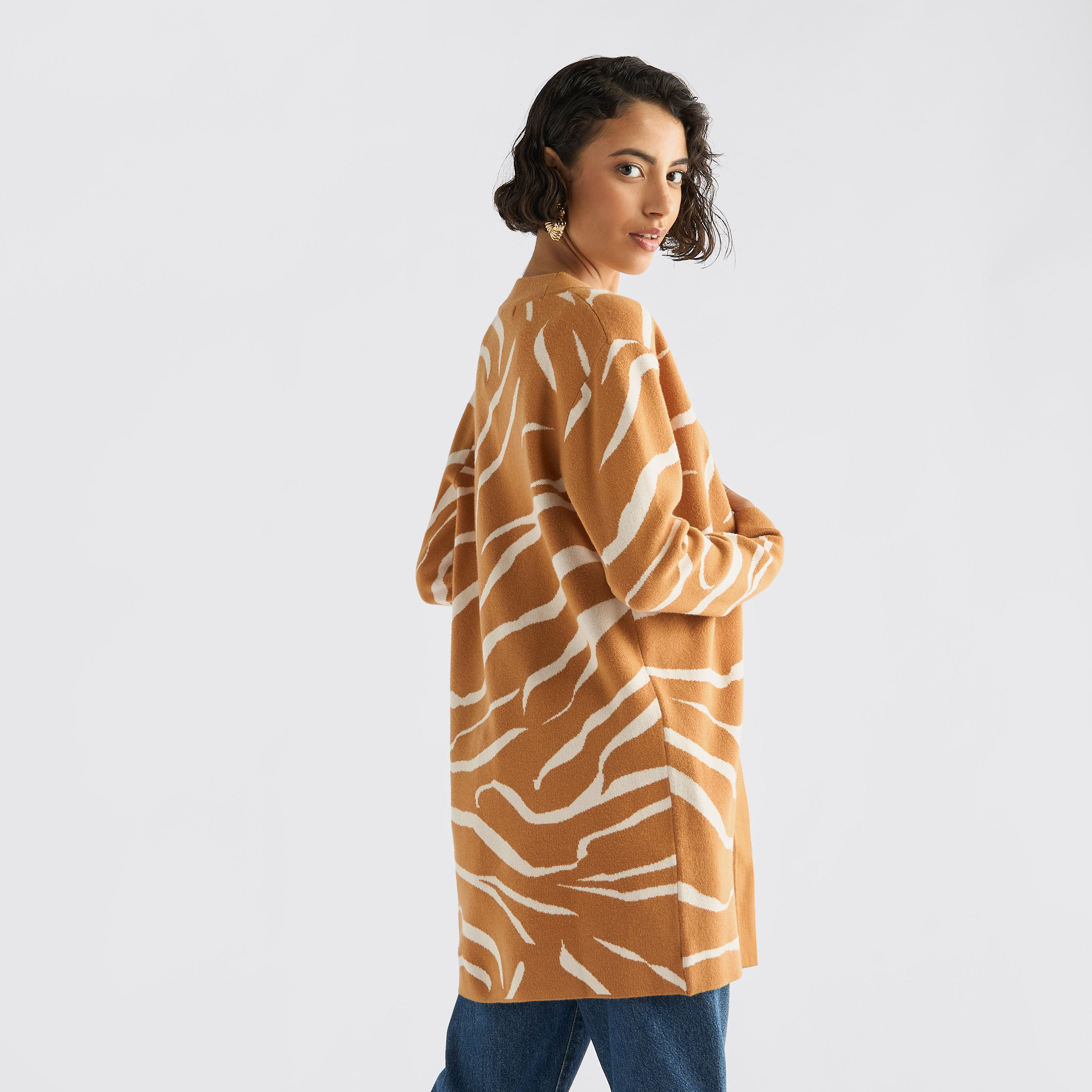 Textured Open Front Cardigan with Long Sleeves-women-winterwear-cardigansandjumpers-cardigans-image-3