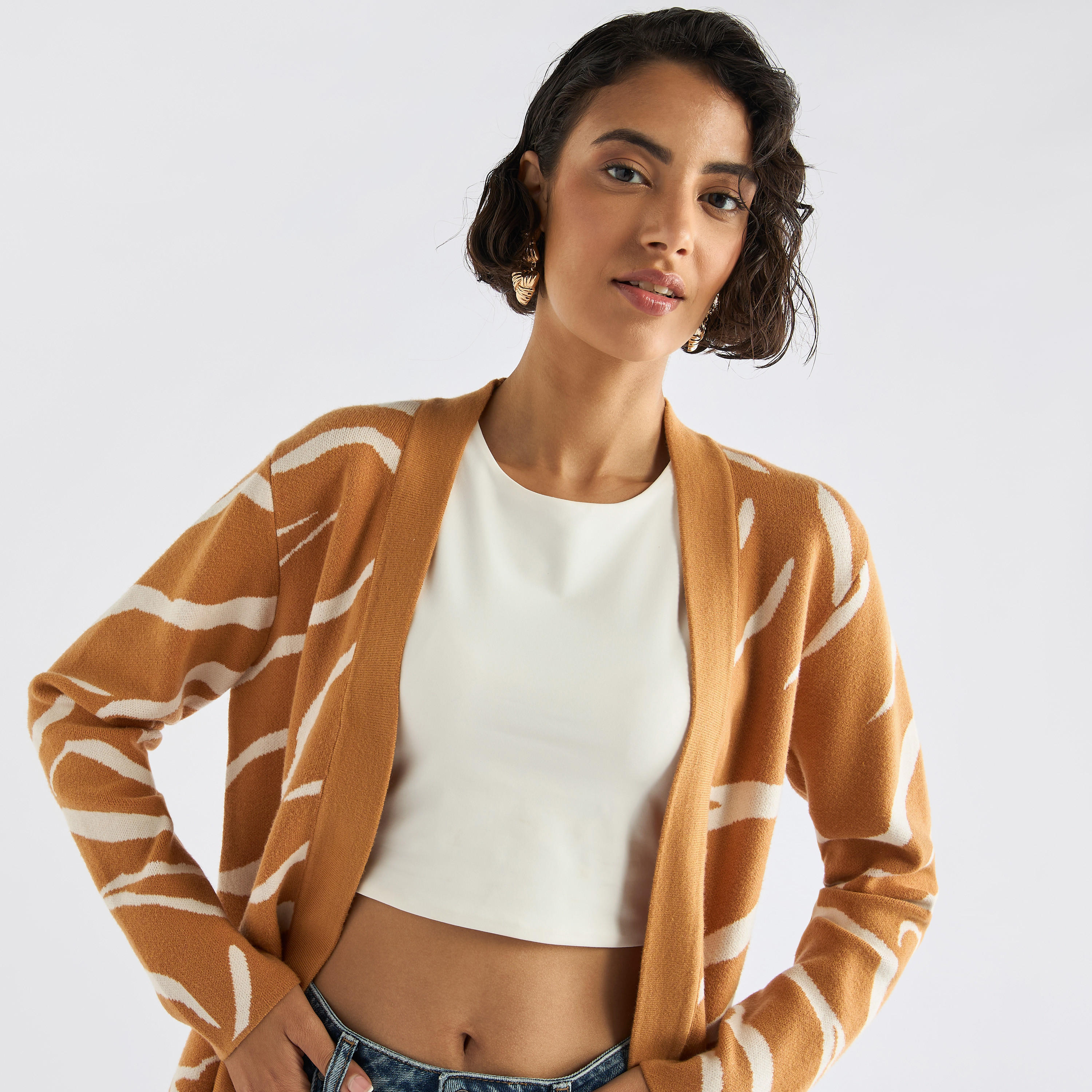 Textured Open Front Cardigan with Long Sleeves-women-winterwear-cardigansandjumpers-cardigans-image-4
