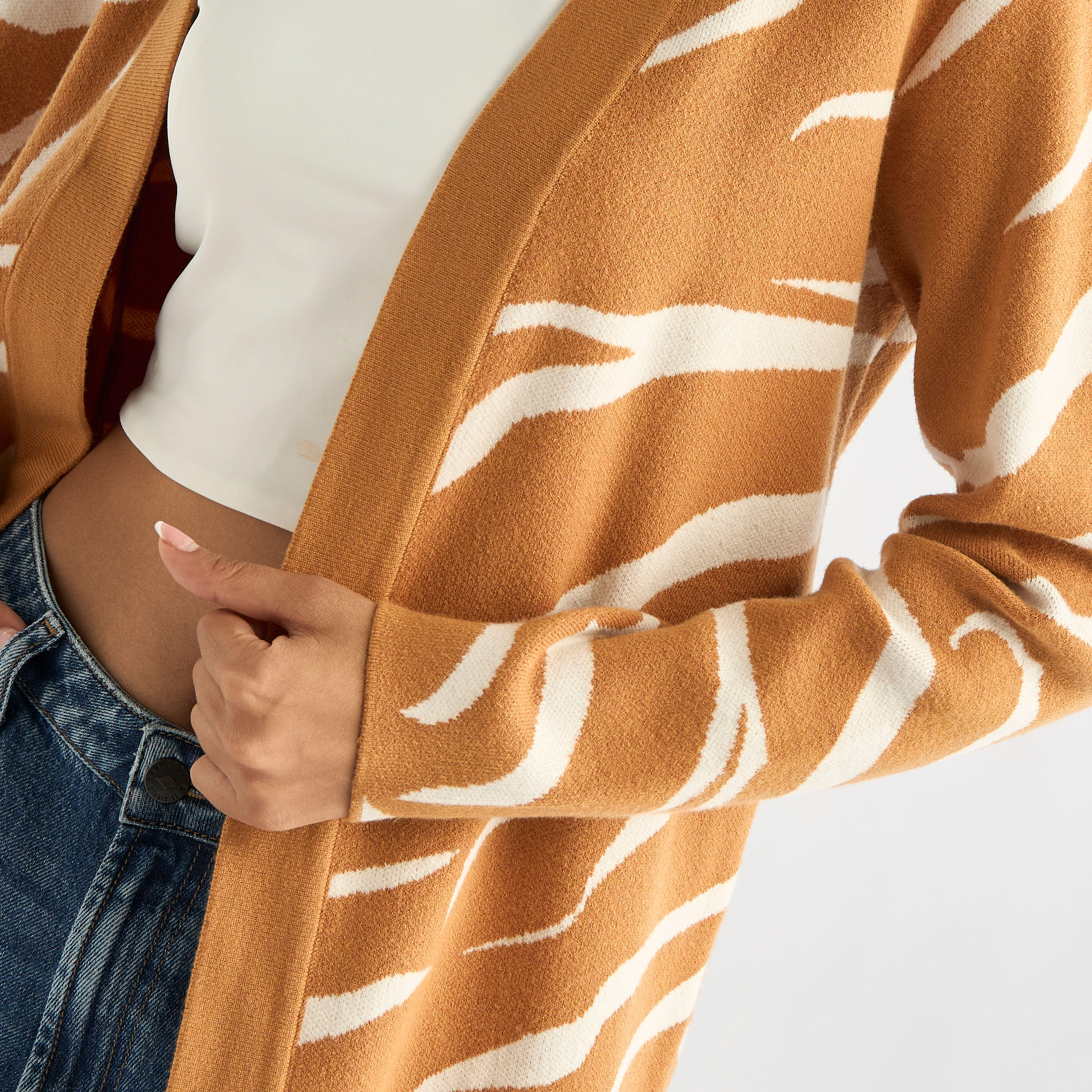Textured Open Front Cardigan with Long Sleeves-women-winterwear-cardigansandjumpers-cardigans-image-5