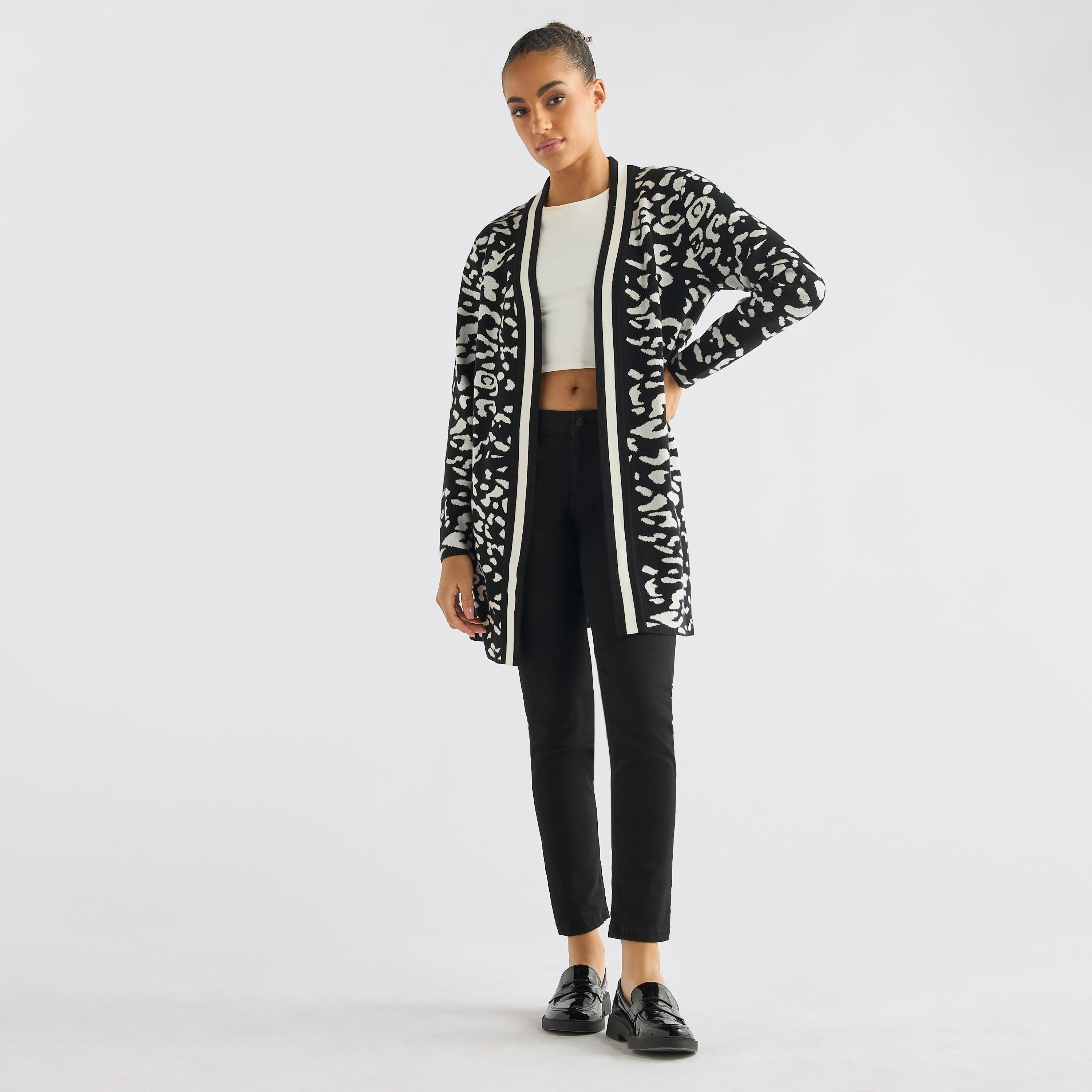 Textured Open Front Cardigan with Long Sleeves-women-winterwear-cardigansandjumpers-cardigans-image-2