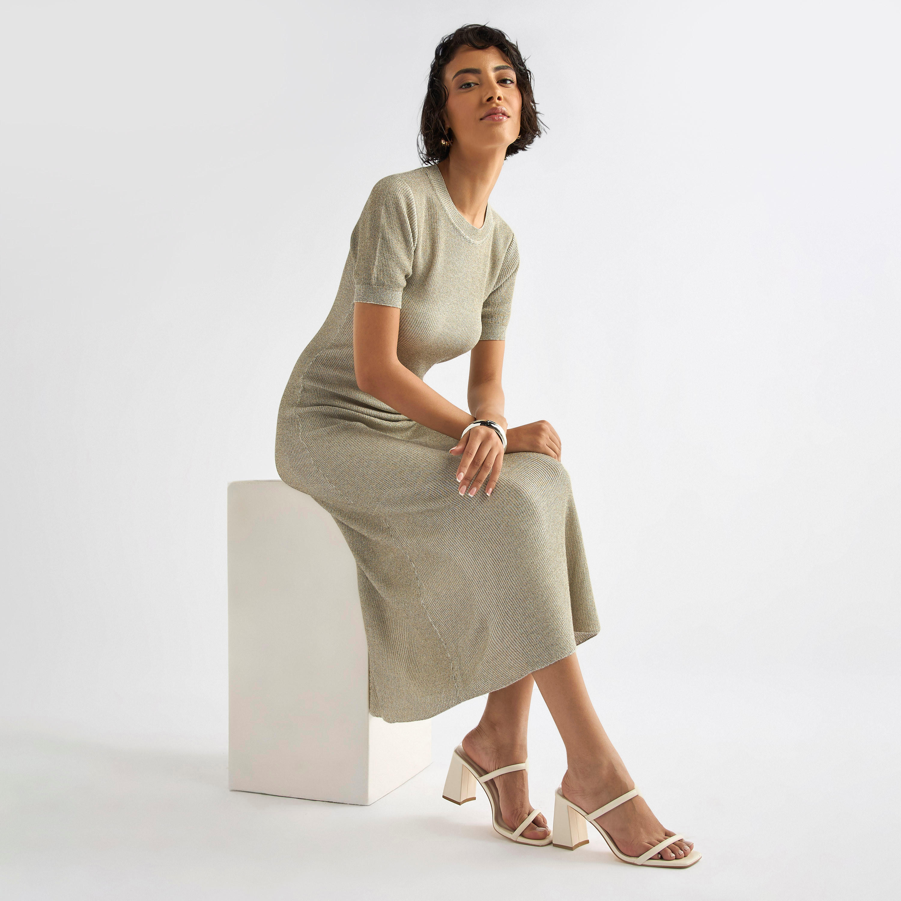 Ribbed Midi Sheath Dress with Short Sleeves-women-clothing-dresses-image-1