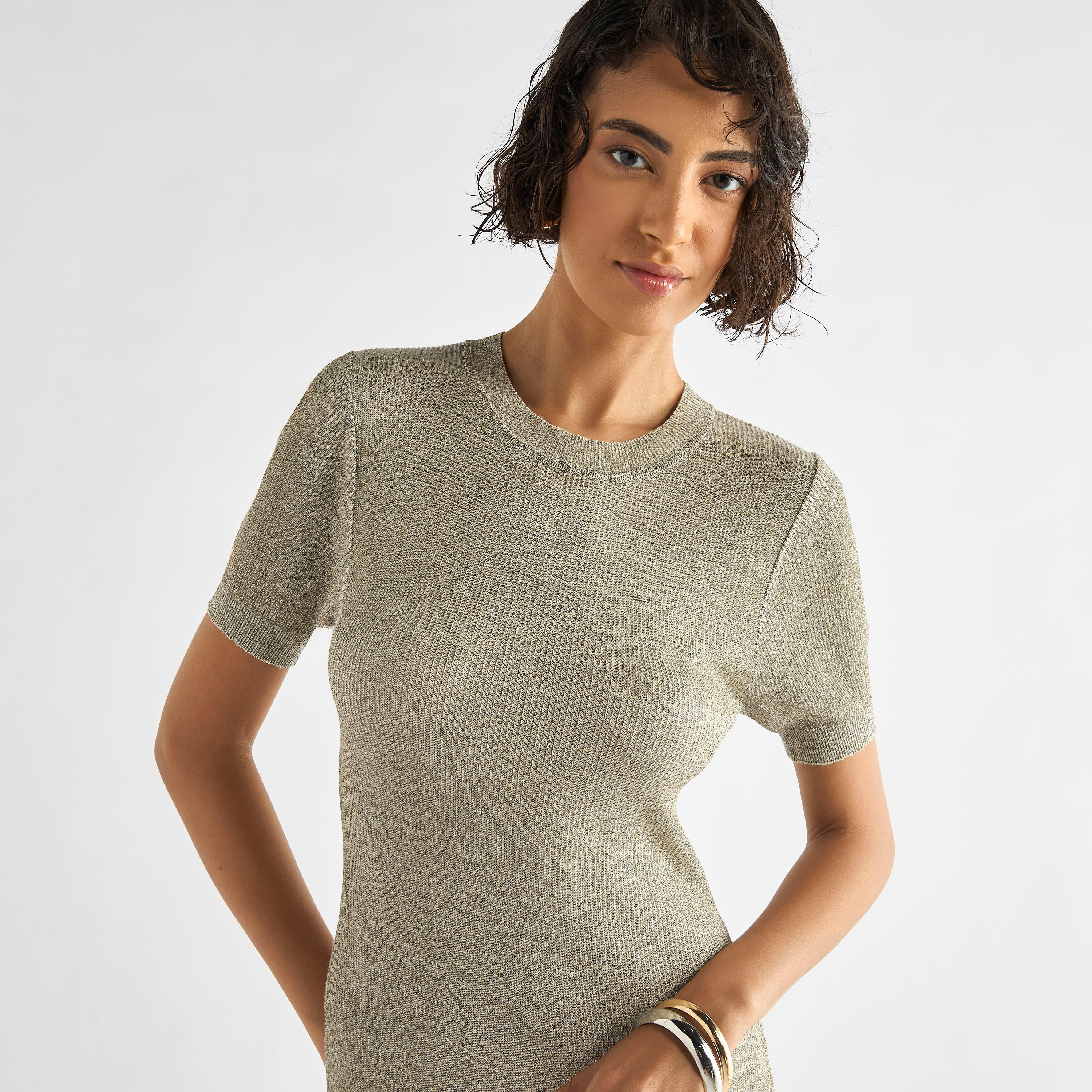 Ribbed Midi Sheath Dress with Short Sleeves-women-clothing-dresses-image-4
