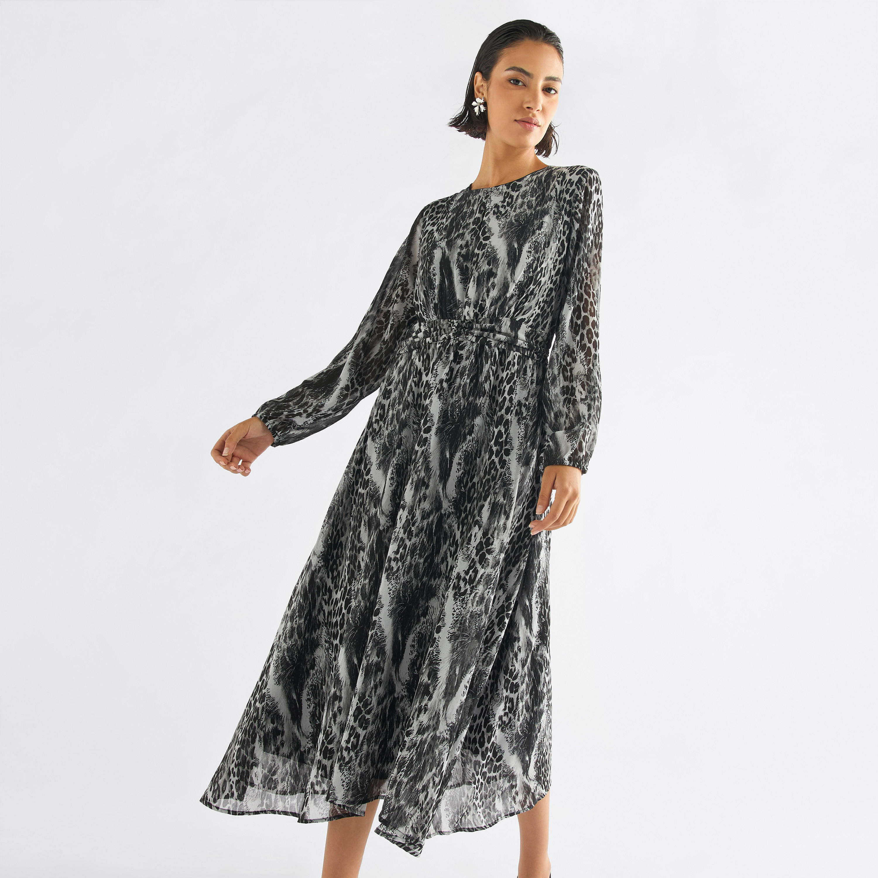 فستان ميدي بياقة مستديرة وأكمام طويلة وطبعات حيوانات-women-clothing-dresses-image-1