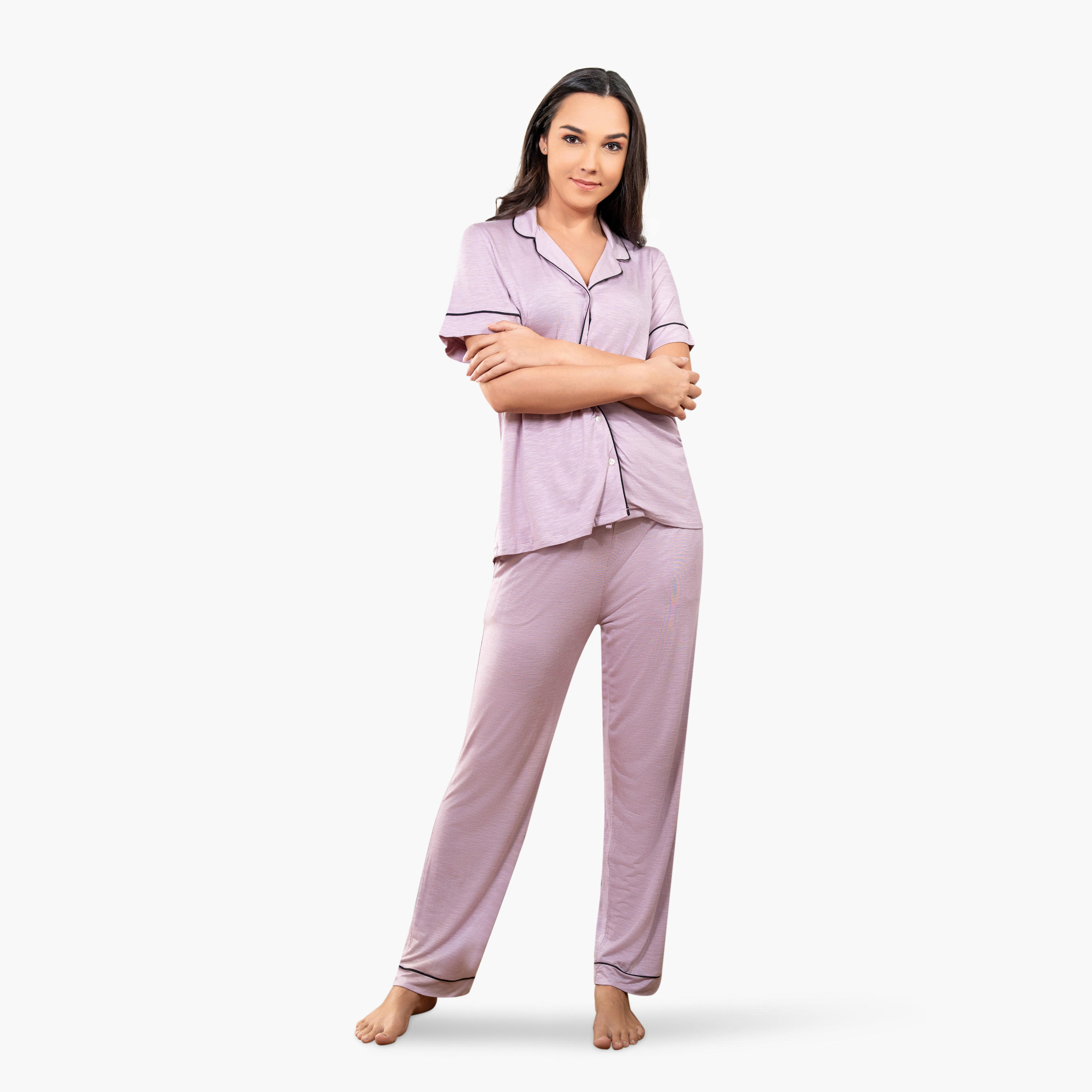 طقم قميص بياقة وبنطلون بيجاما من آدارايا-women-clothing-nightwear-pyjamas-longsets-image-3